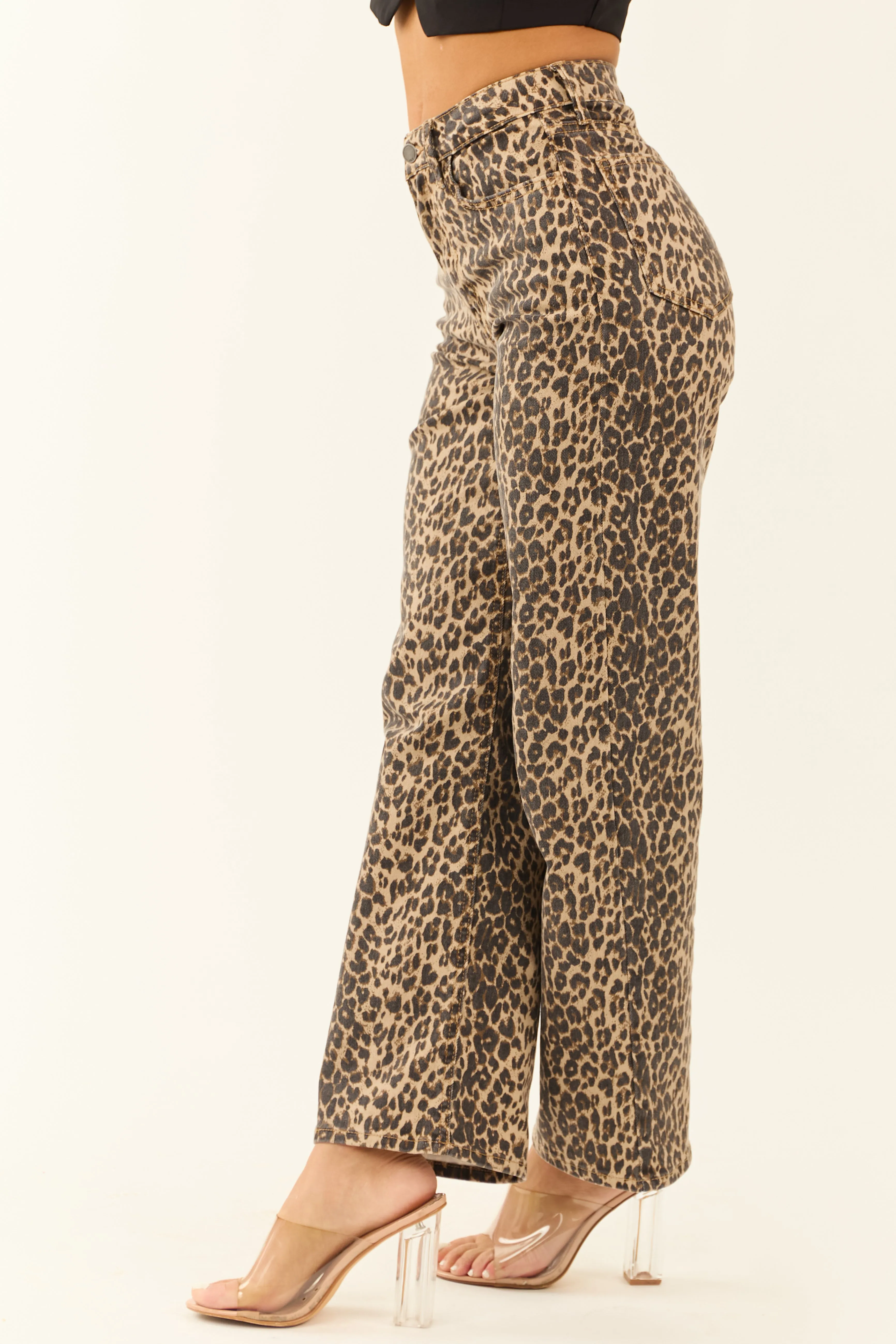 Oatmeal Leopard Stretchy Straight Leg Jeans sold by Lime Lush product image thumbnail 3