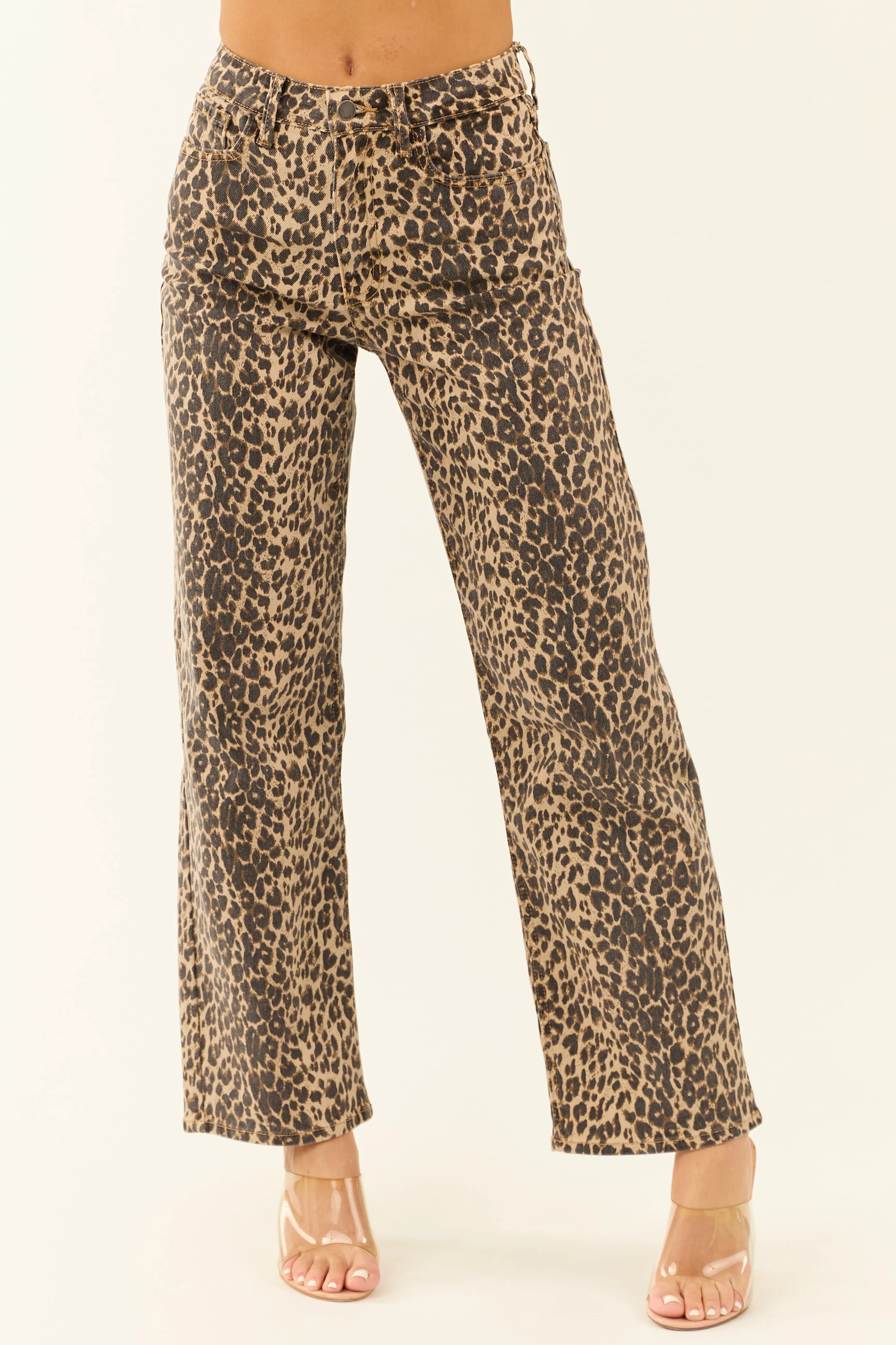 Oatmeal Leopard Stretchy Straight Leg Jeans sold by Lime Lush