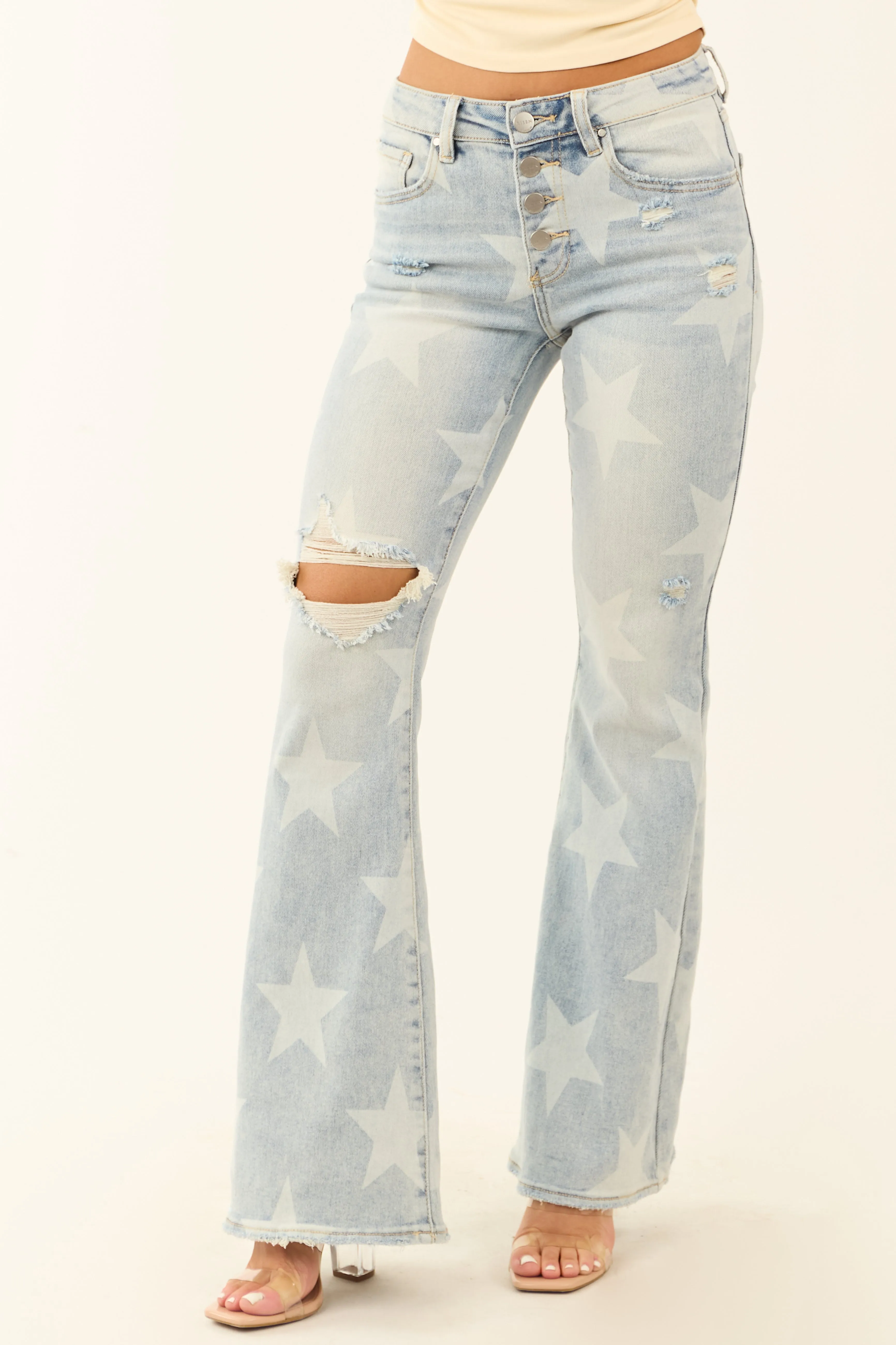 Risen Mid Rise Star Print Stretchy Flare Jeans sold by Lime Lush product image thumbnail 2