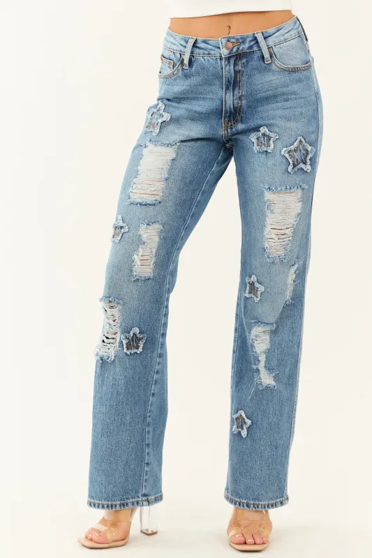 Saige Medium Wash Distressed Star Patch Straight Jeans sold by Lime Lush