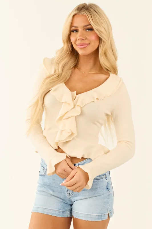 Cream Ruffle Button Down Long Sleeve Sweater made by Le Lis