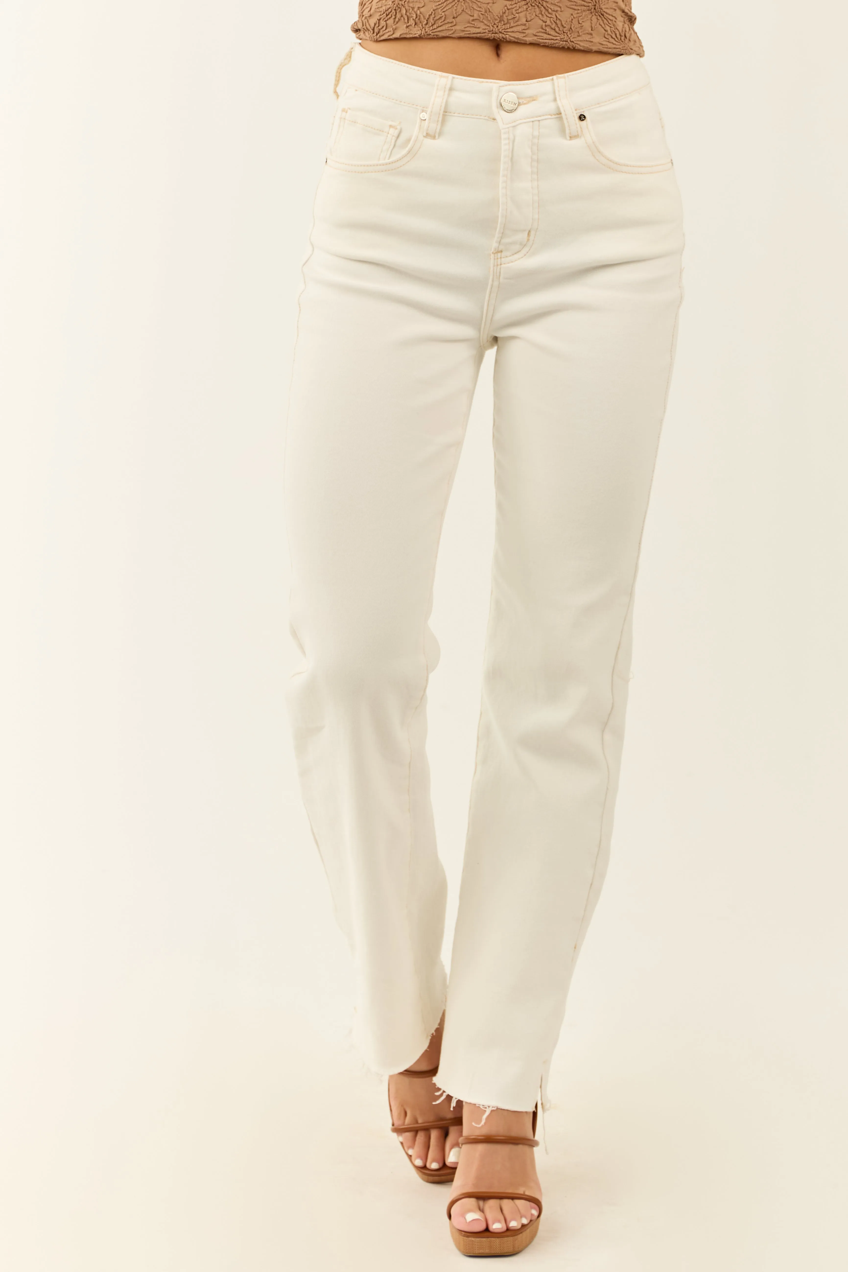 Risen Off White Stretchy Straight Leg Raw Hem Jeans sold by Lime Lush