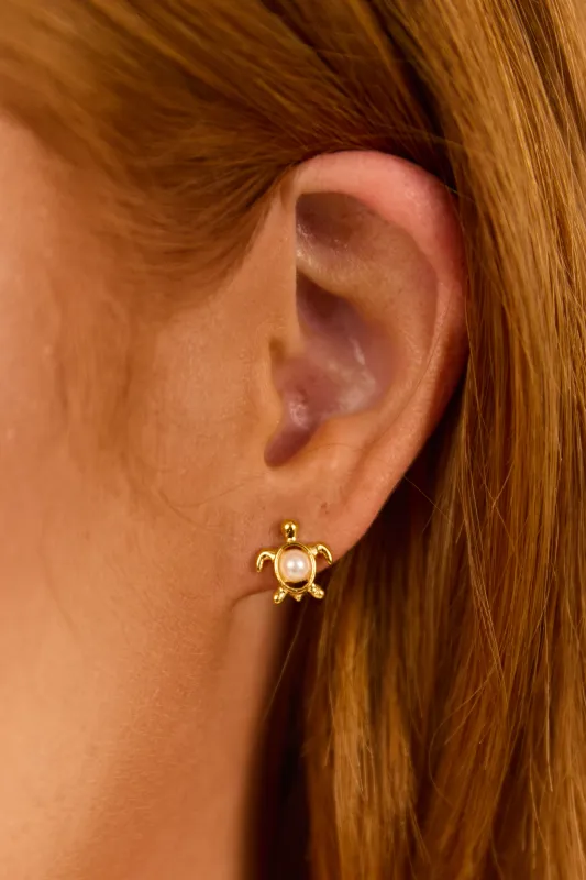 Gold Dipped Pearl Turtle Stud Earrings sold by Lime Lush