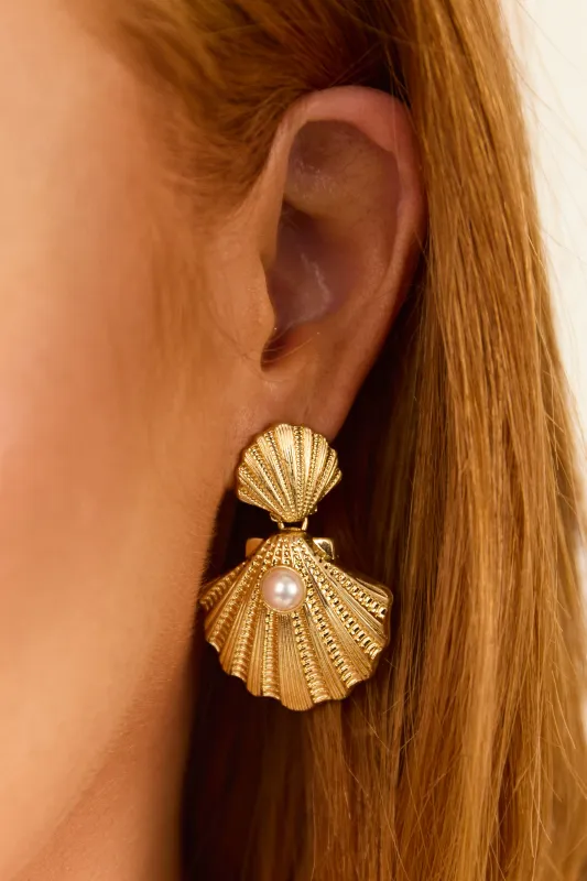 Gold Double Shell Pearl Detail Drop Earrings sold by Lime Lush