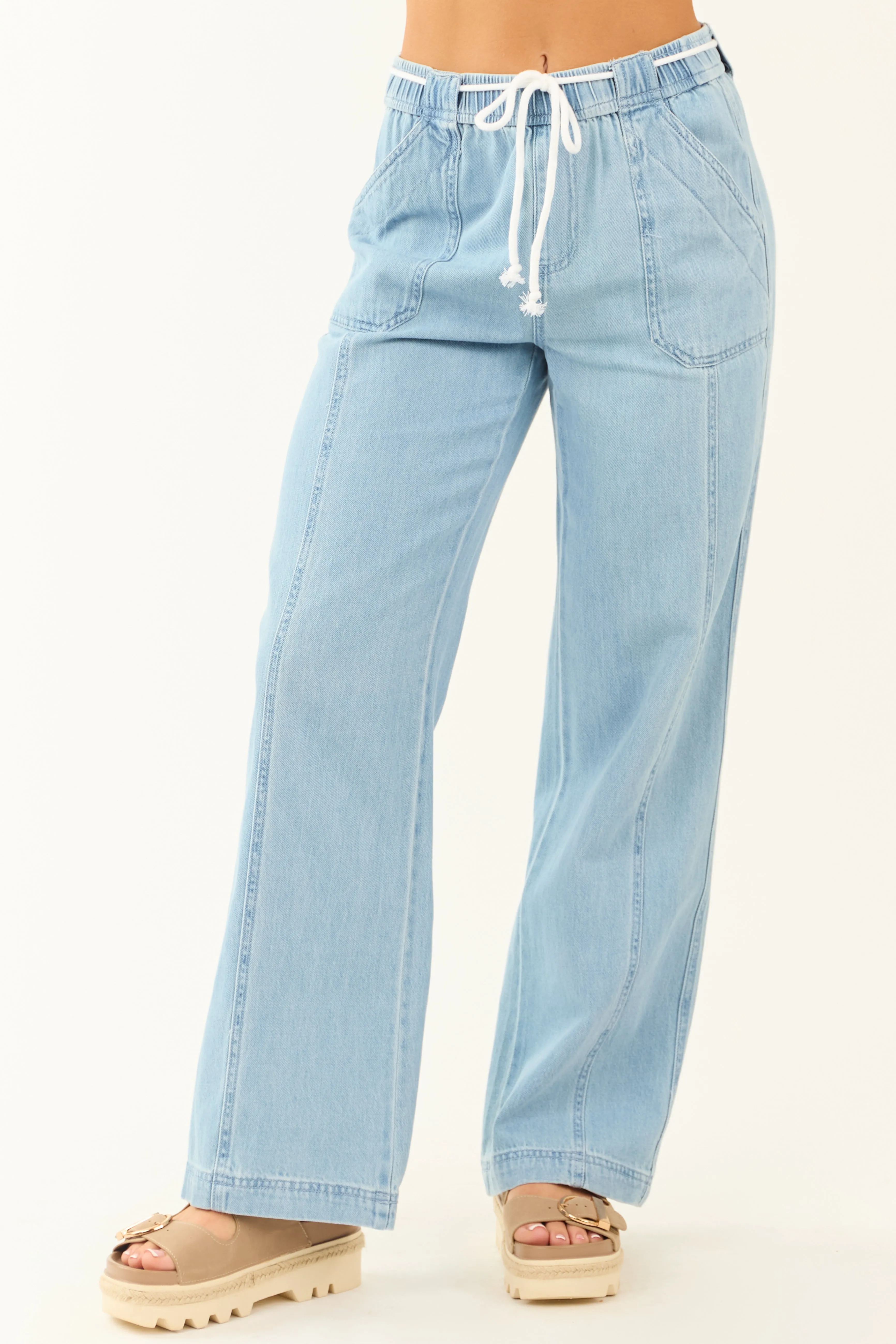 Risen Light Wash Wide Leg Waist Tie Jeans sold by Lime Lush product image thumbnail 2