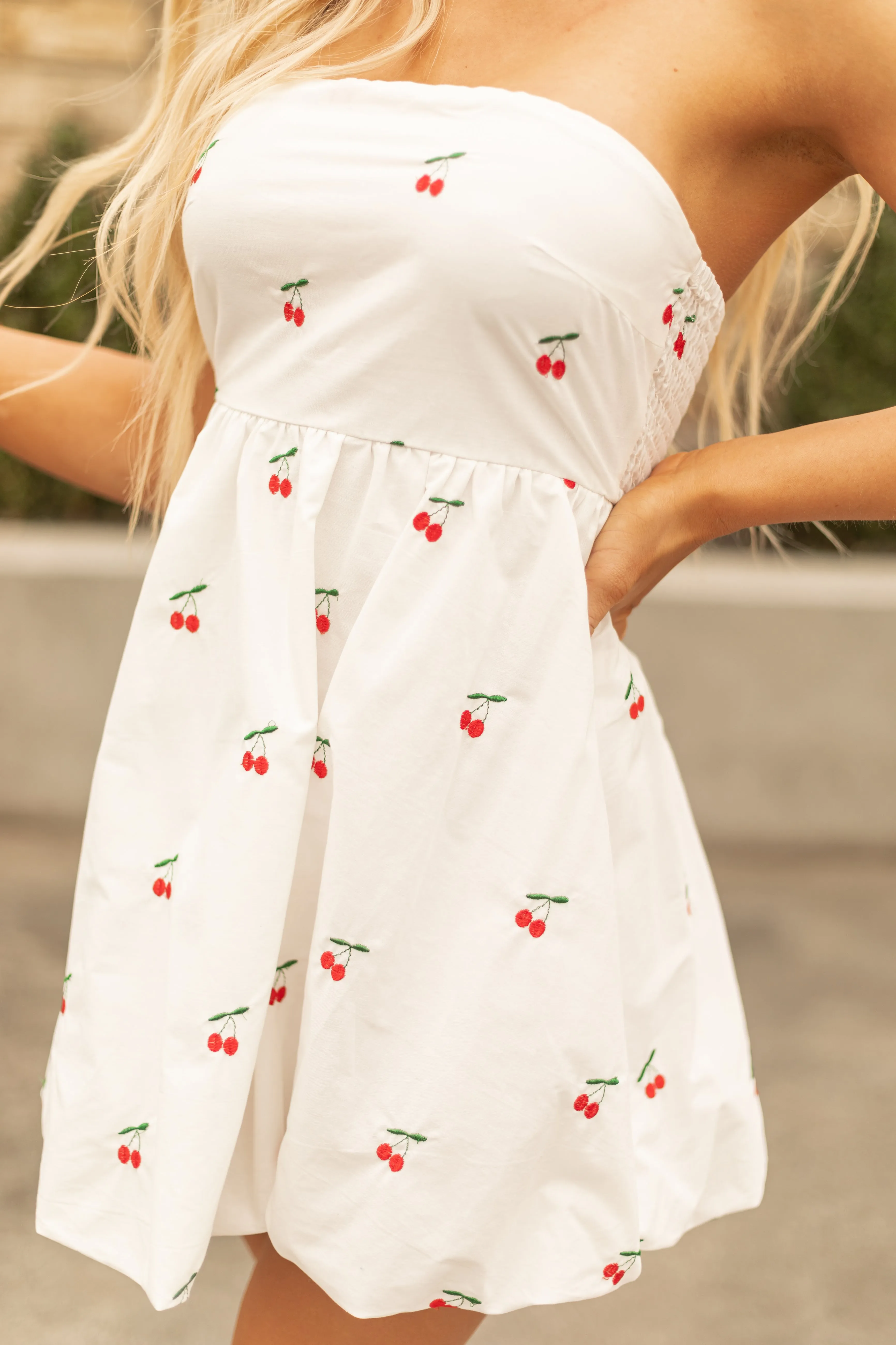 White Cherry Pattern Strapless Bubble Hem Mini Dress sold by Lime Lush