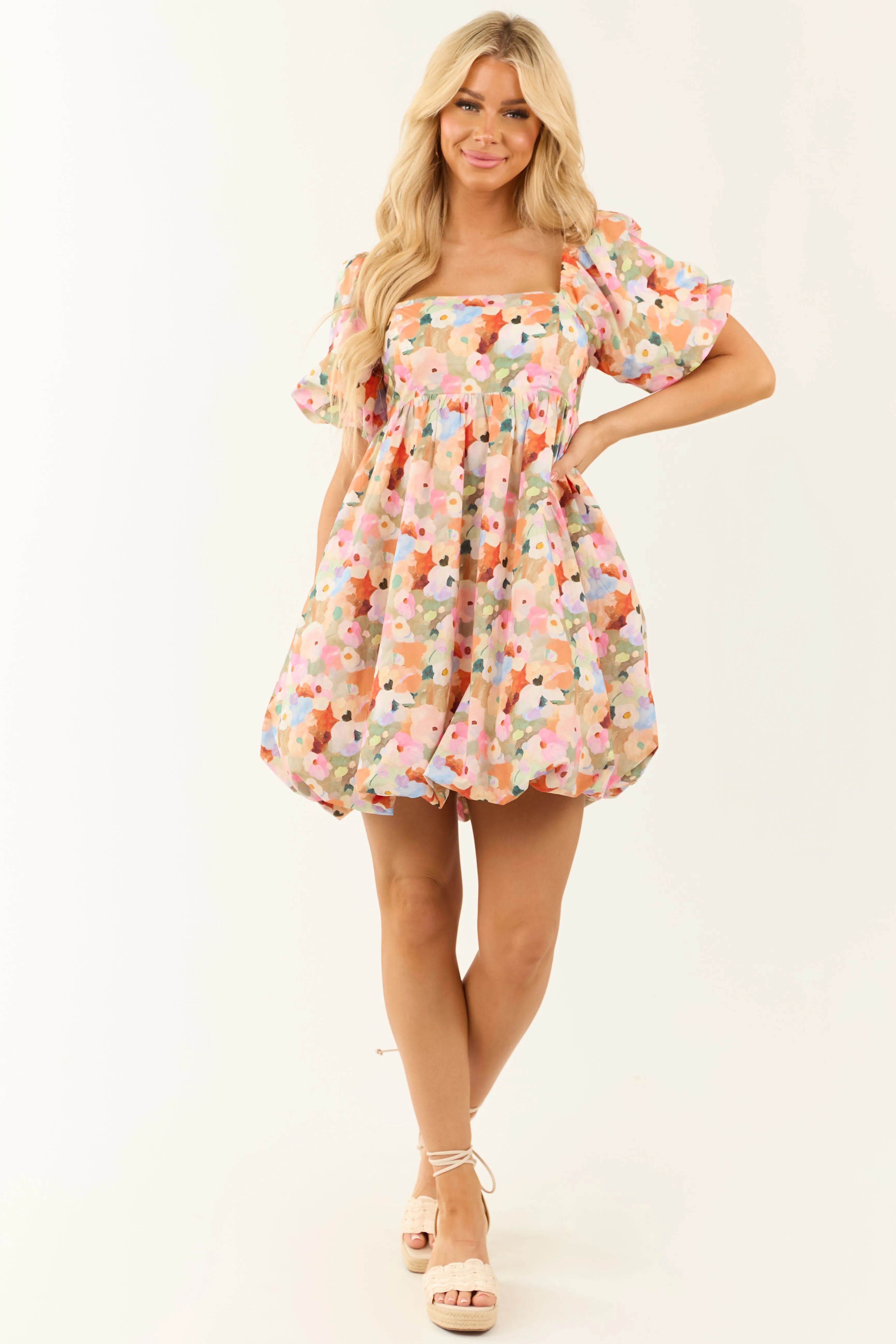 Sage Floral Print Bubble Half Sleeve Mini Dress sold by Lime Lush product image thumbnail 3