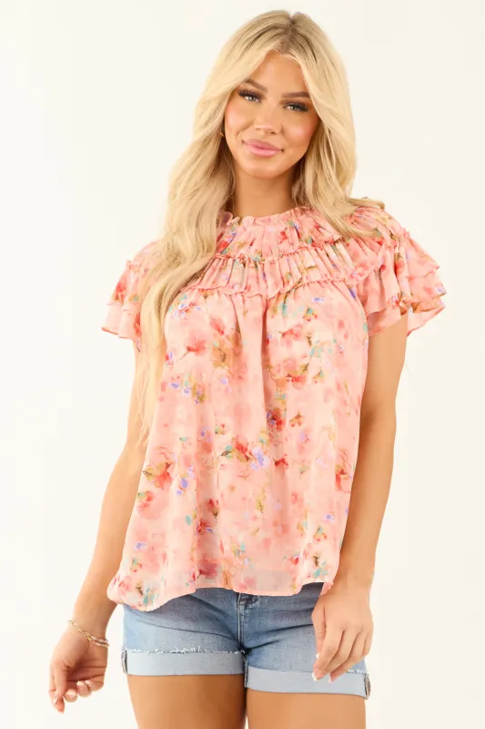 Coral High Neck Floral Print Short Sleeve Blouse sold by Lime Lush