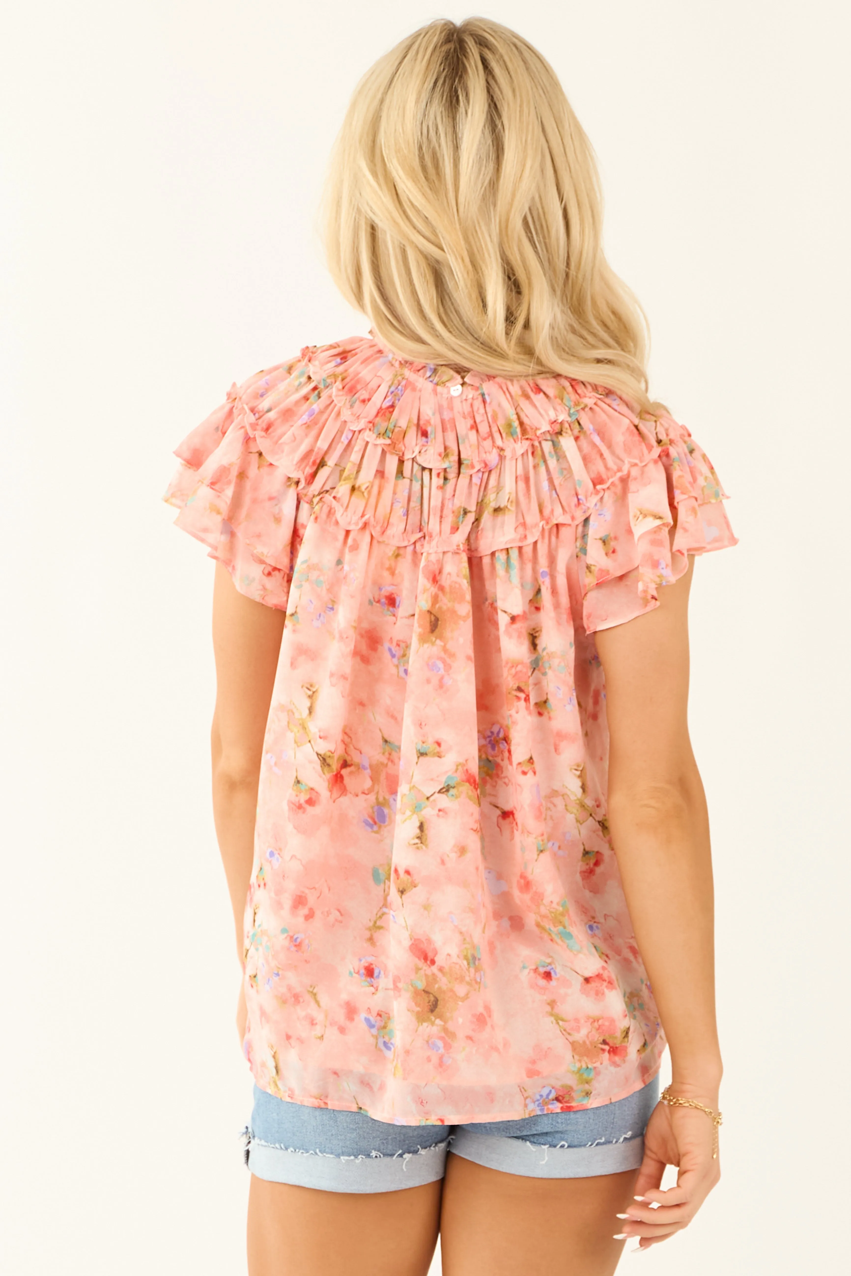 Coral High Neck Floral Print Short Sleeve Blouse sold by Lime Lush product image thumbnail 5