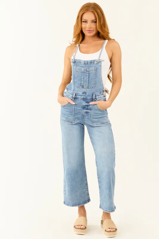 Risen Medium Wash Wide Leg Cropped Overalls sold by Lime Lush