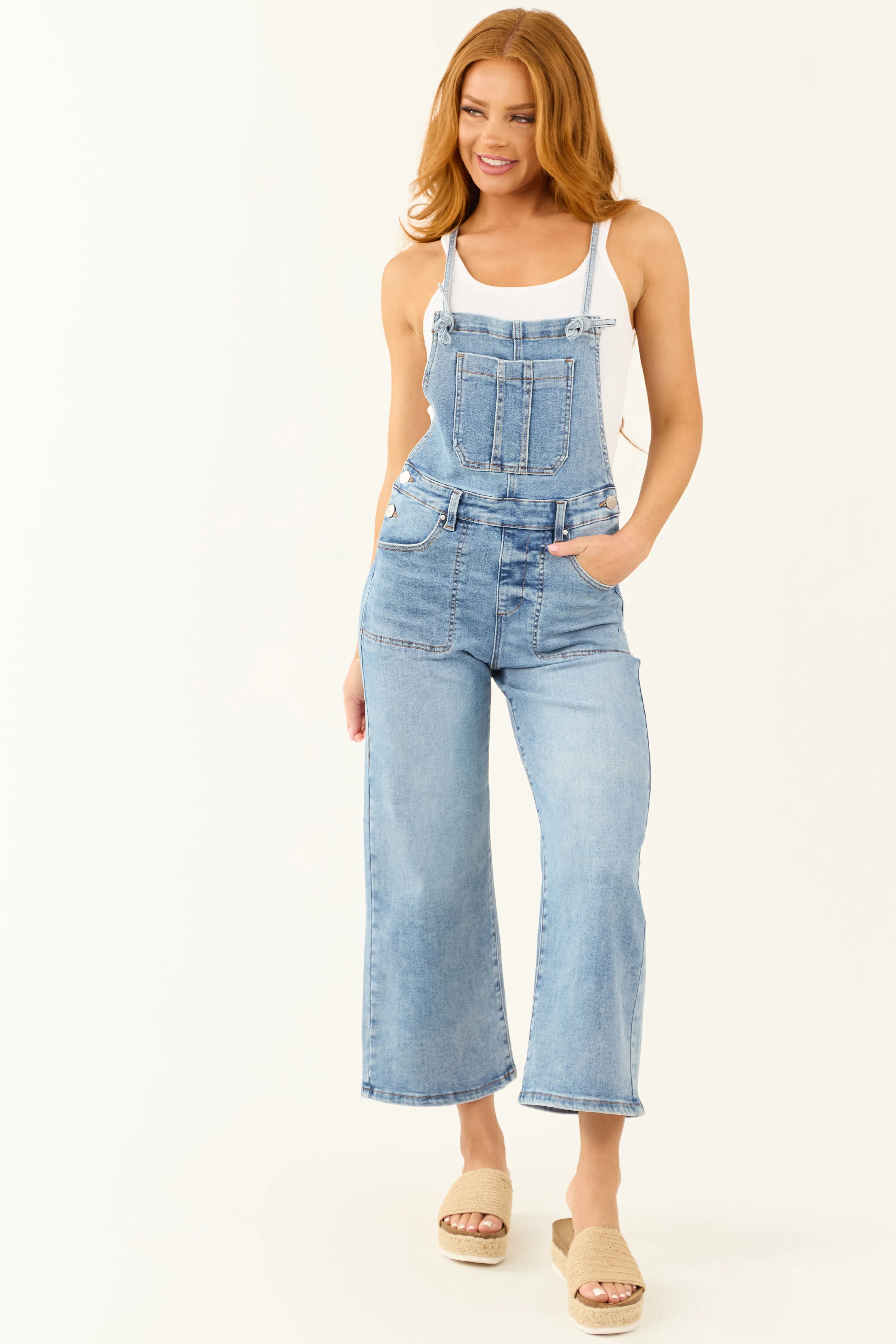 Risen Medium Wash Wide Leg Cropped Overalls sold by Lime Lush product image thumbnail 2