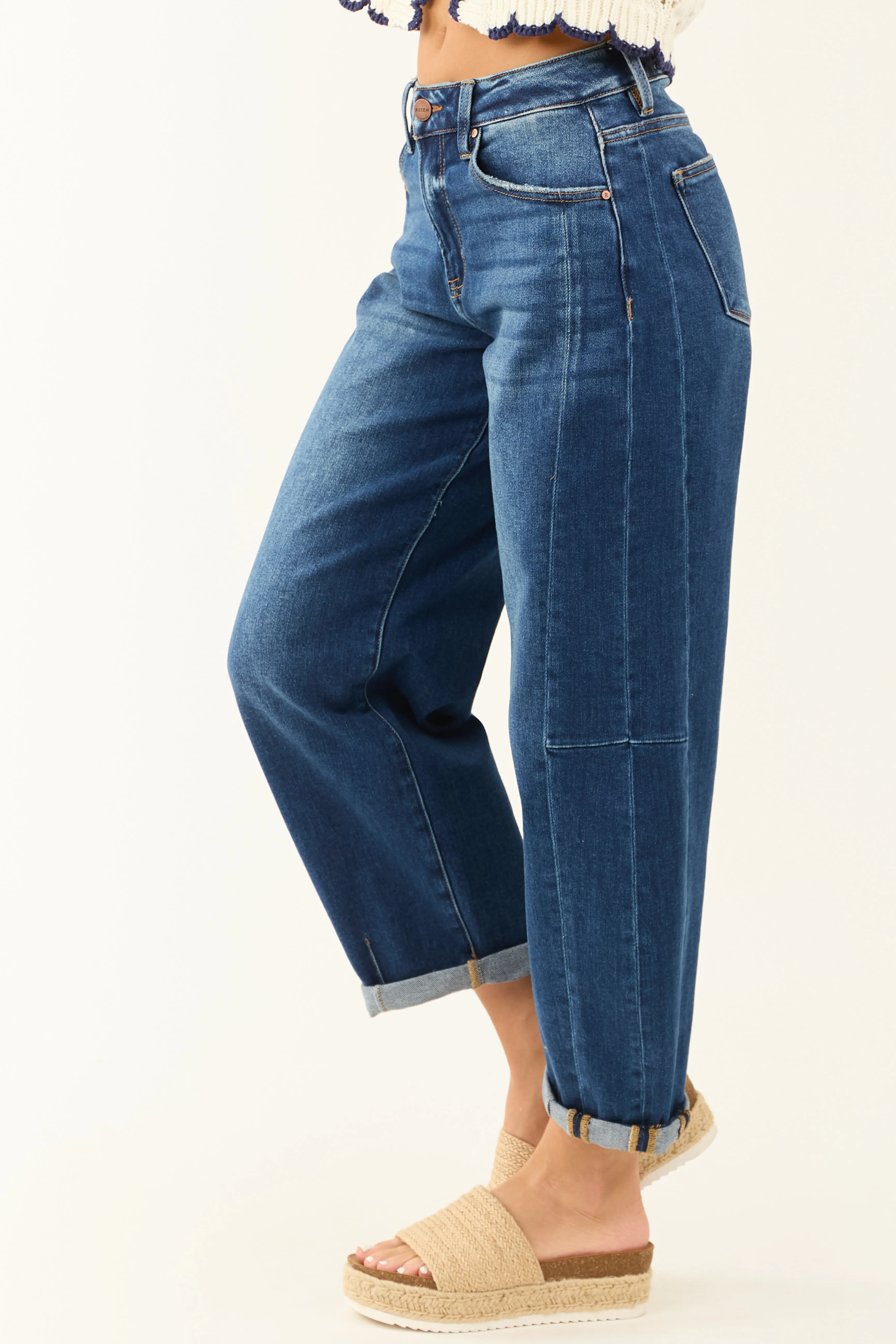 Risen Dark Wash Stretchy Barrel Cuffed Jeans sold by Lime Lush product image thumbnail 3