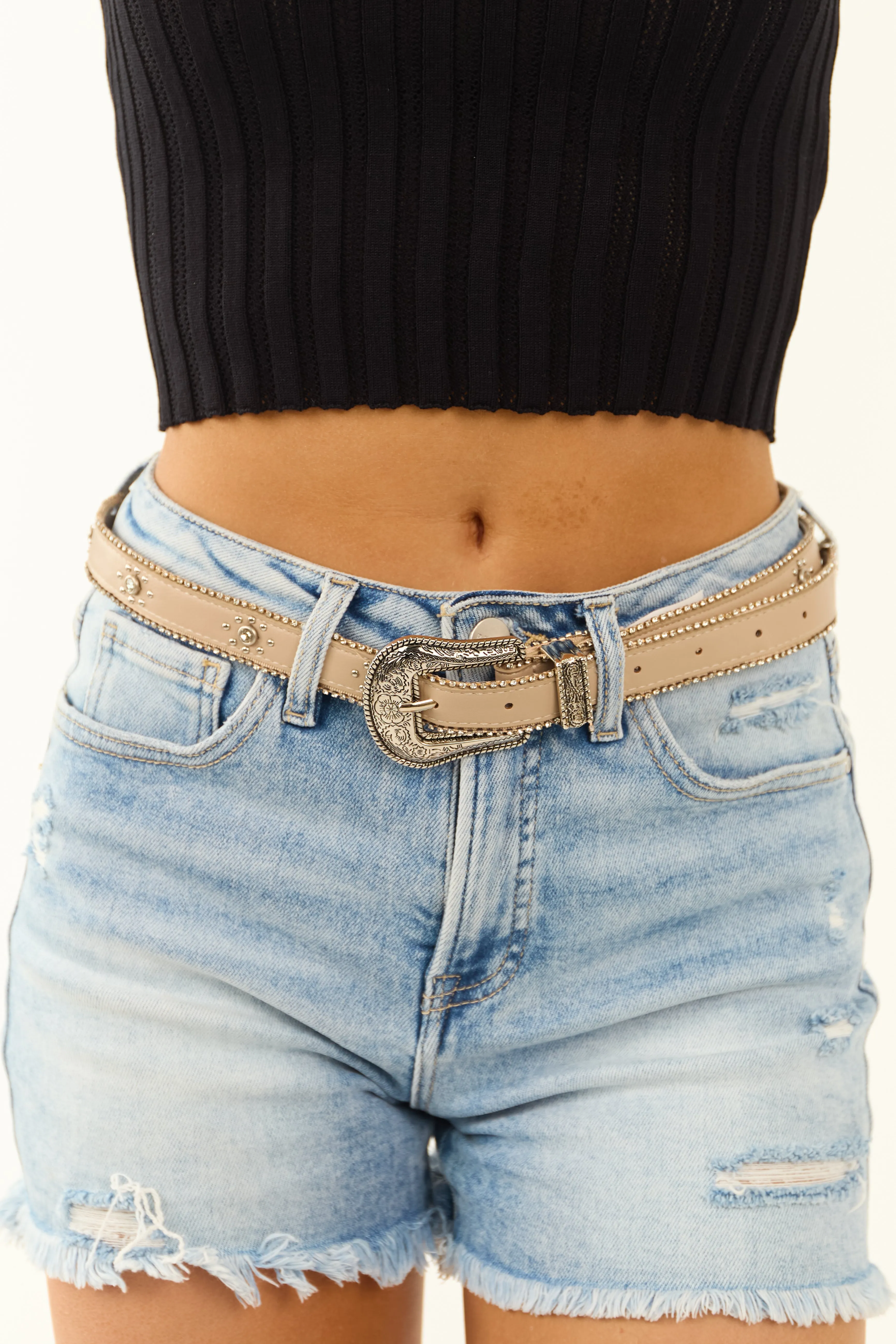 Rose Taupe Rhinestone Studded Faux Leather Belt sold by Lime Lush