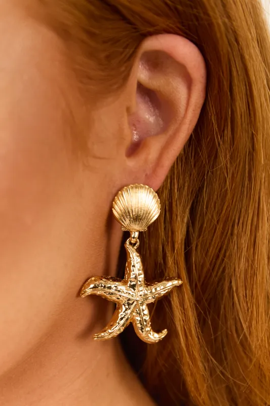 Gold Metallic Shell and Starfish Drop Earrings sold by Lime Lush