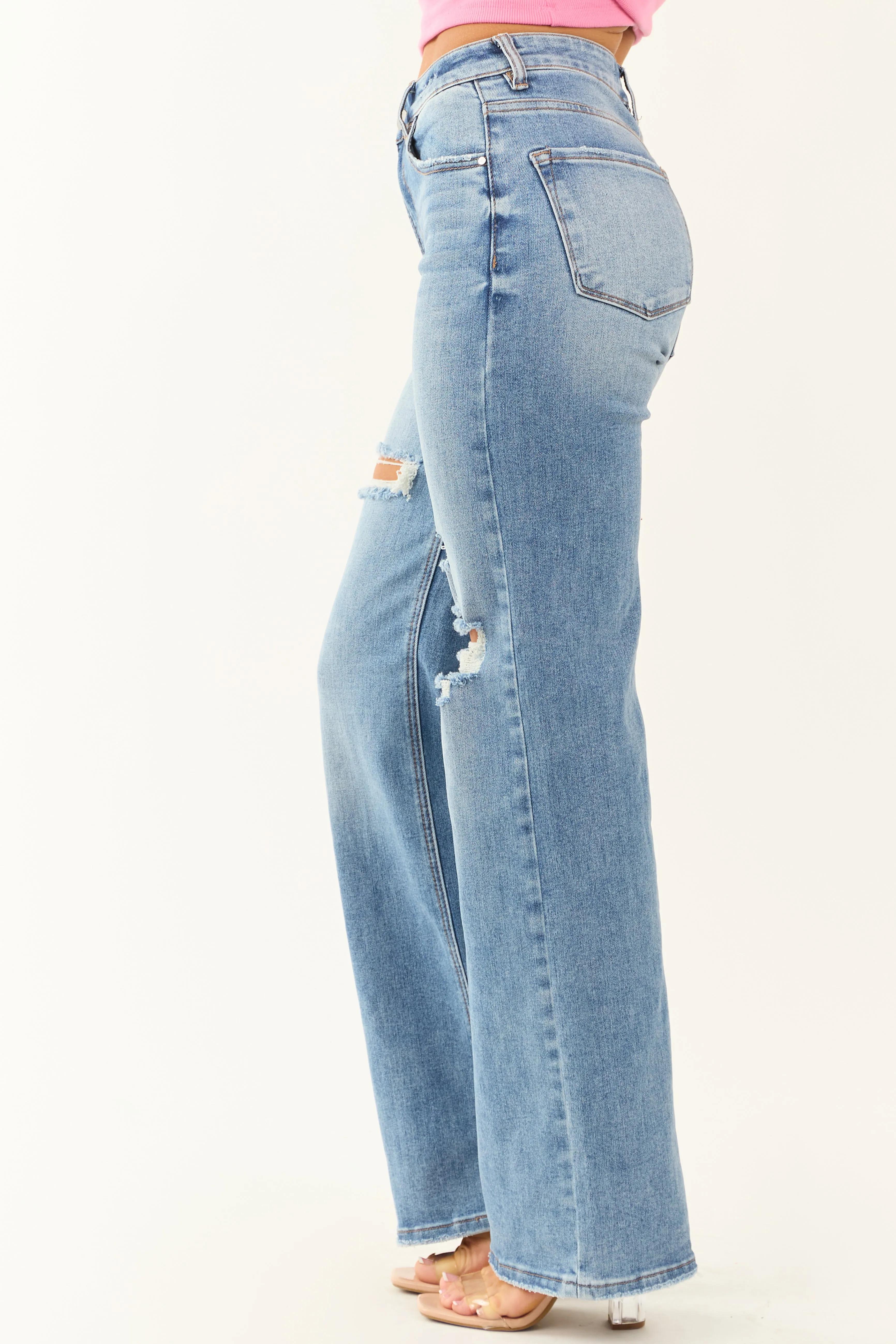 Risen Medium Wash Distressed Stretchy Wide Leg Jeans sold by Lime Lush product image thumbnail 3