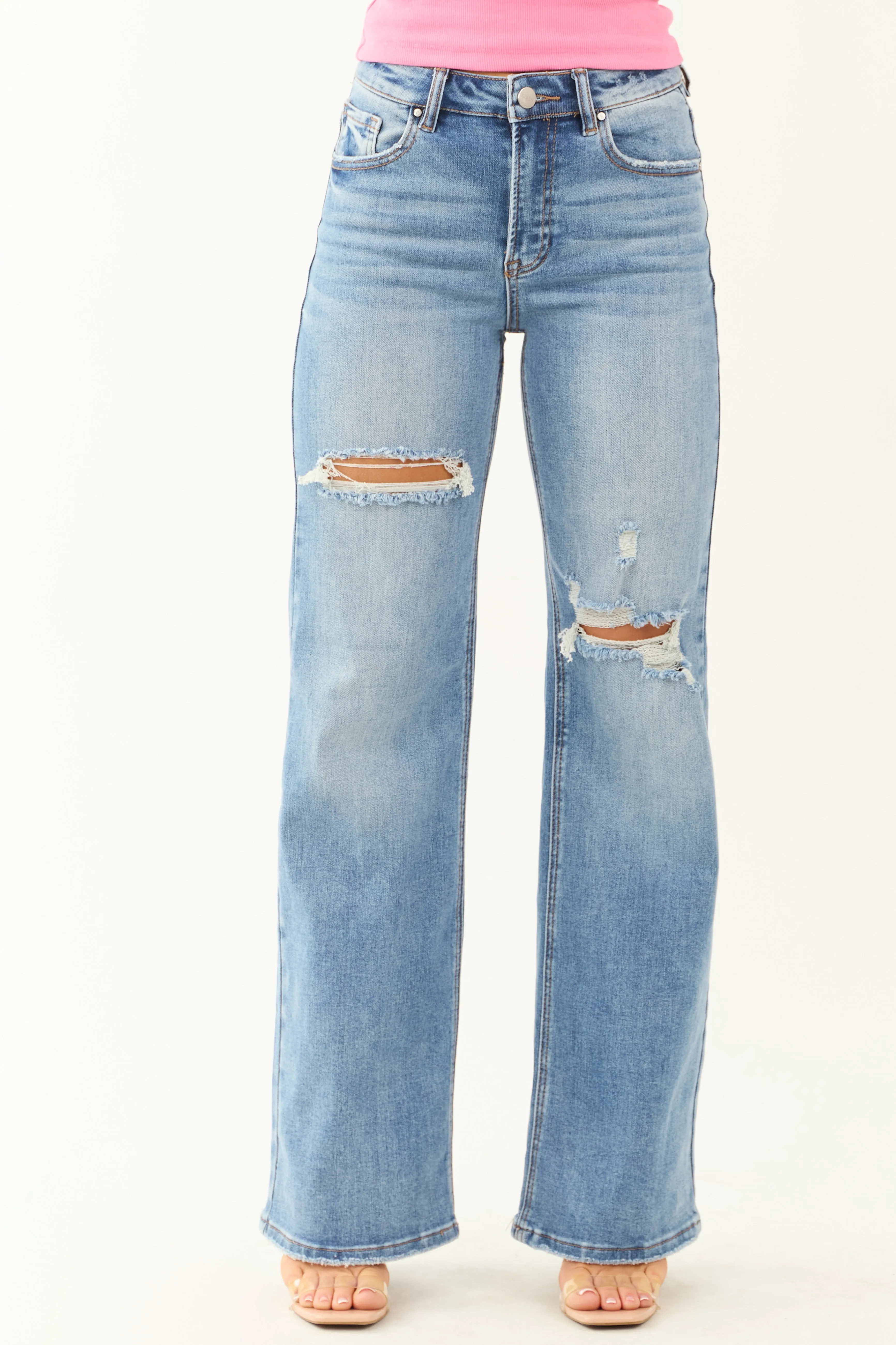 Risen Medium Wash Distressed Stretchy Wide Leg Jeans sold by Lime Lush