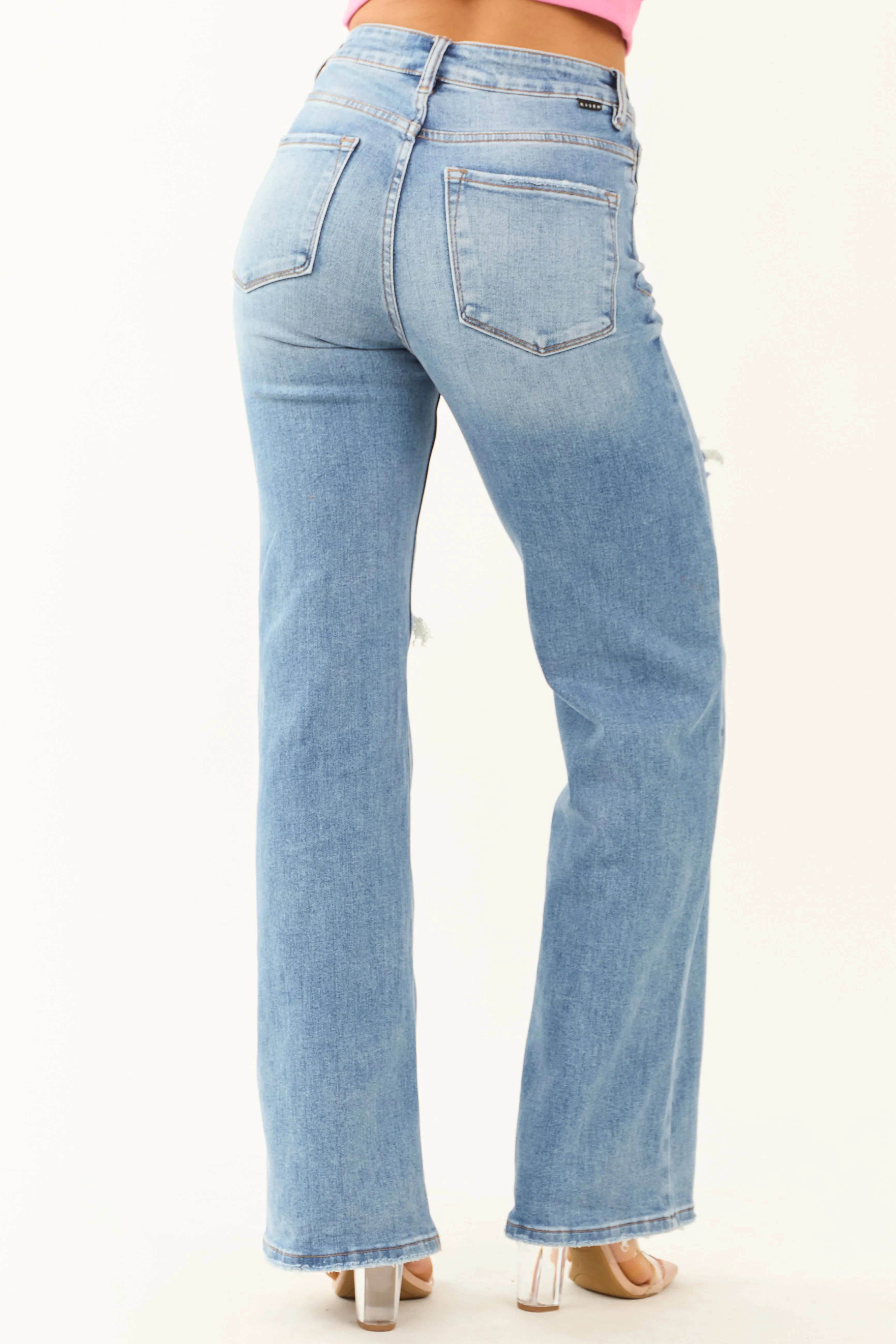 Risen Medium Wash Distressed Stretchy Wide Leg Jeans sold by Lime Lush product image thumbnail 4