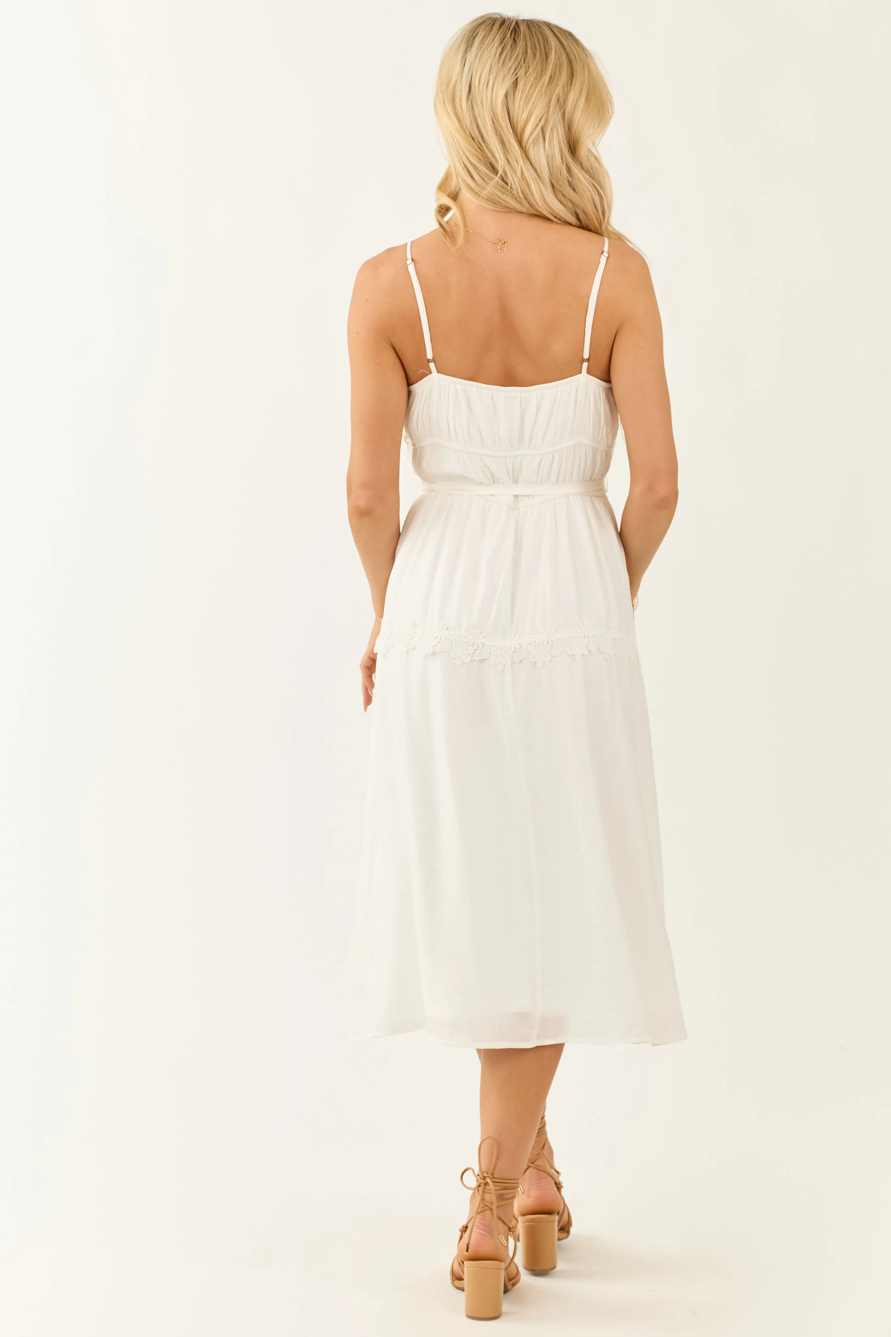 Ivory Sleeveless Lace Trim Waist Tie Midi Dress sold by Lime Lush product image thumbnail 5