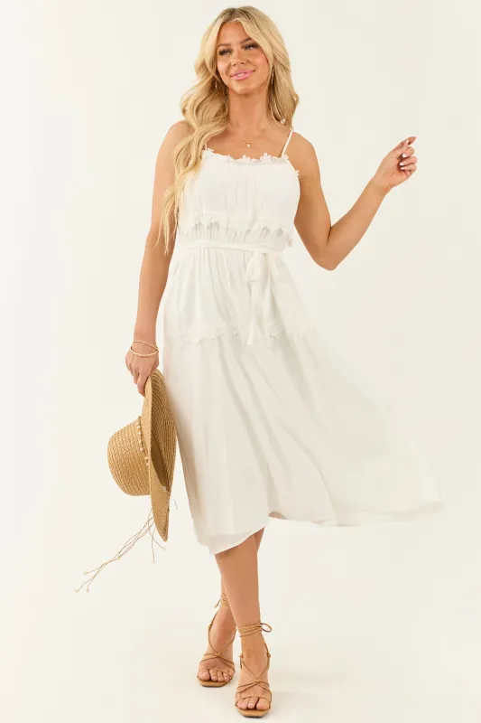 Ivory Sleeveless Lace Trim Waist Tie Midi Dress sold by Lime Lush