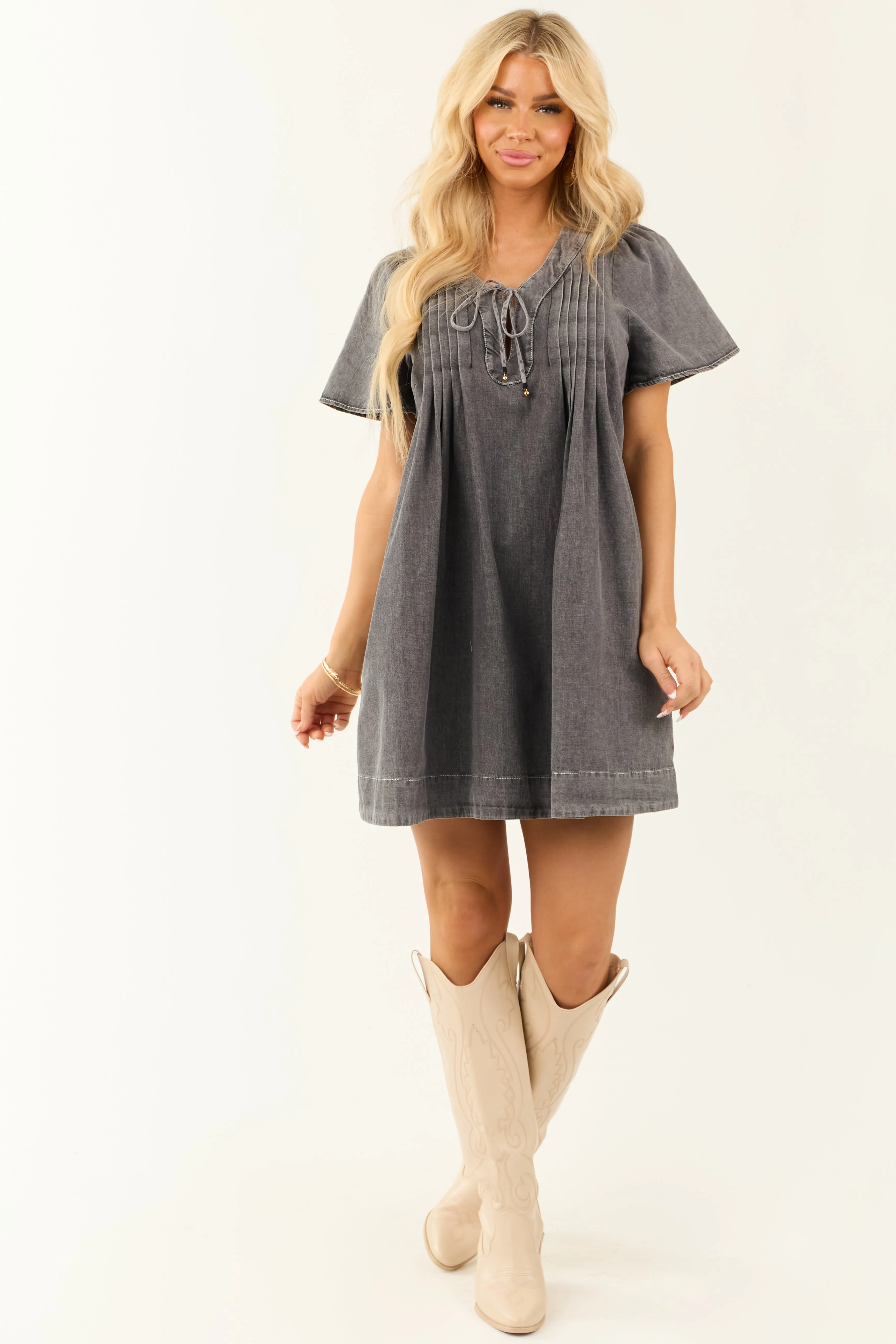 Graphite Washed Denim Pleated Bust Short Dress sold by Lime Lush product image thumbnail 2