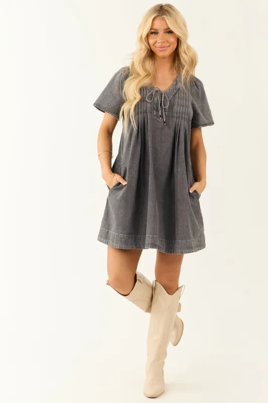Graphite Washed Denim Pleated Bust Short Dress sold by Lime Lush