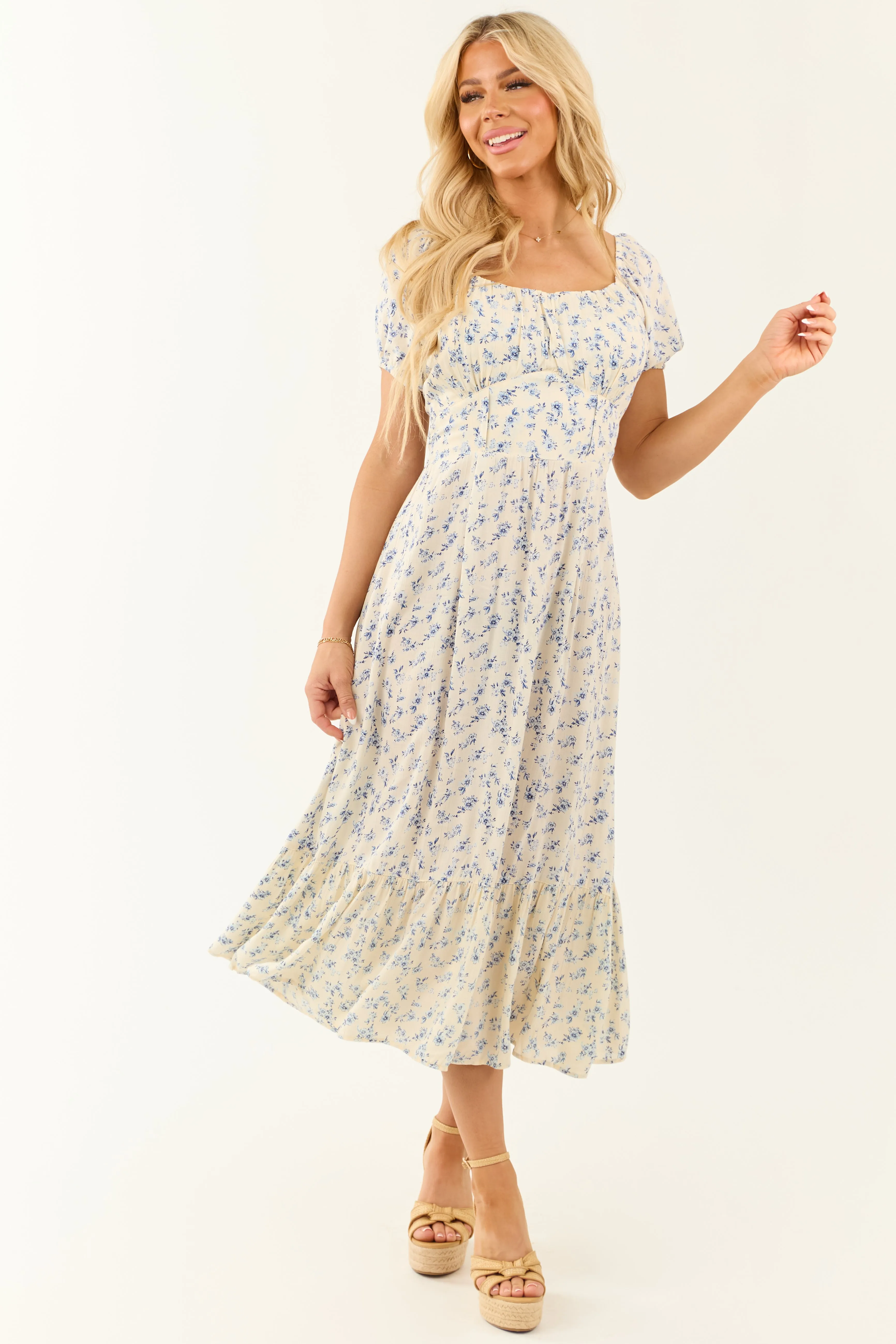 Champagne Floral Print Puff Sleeve Midi Dresses sold by Lime Lush
