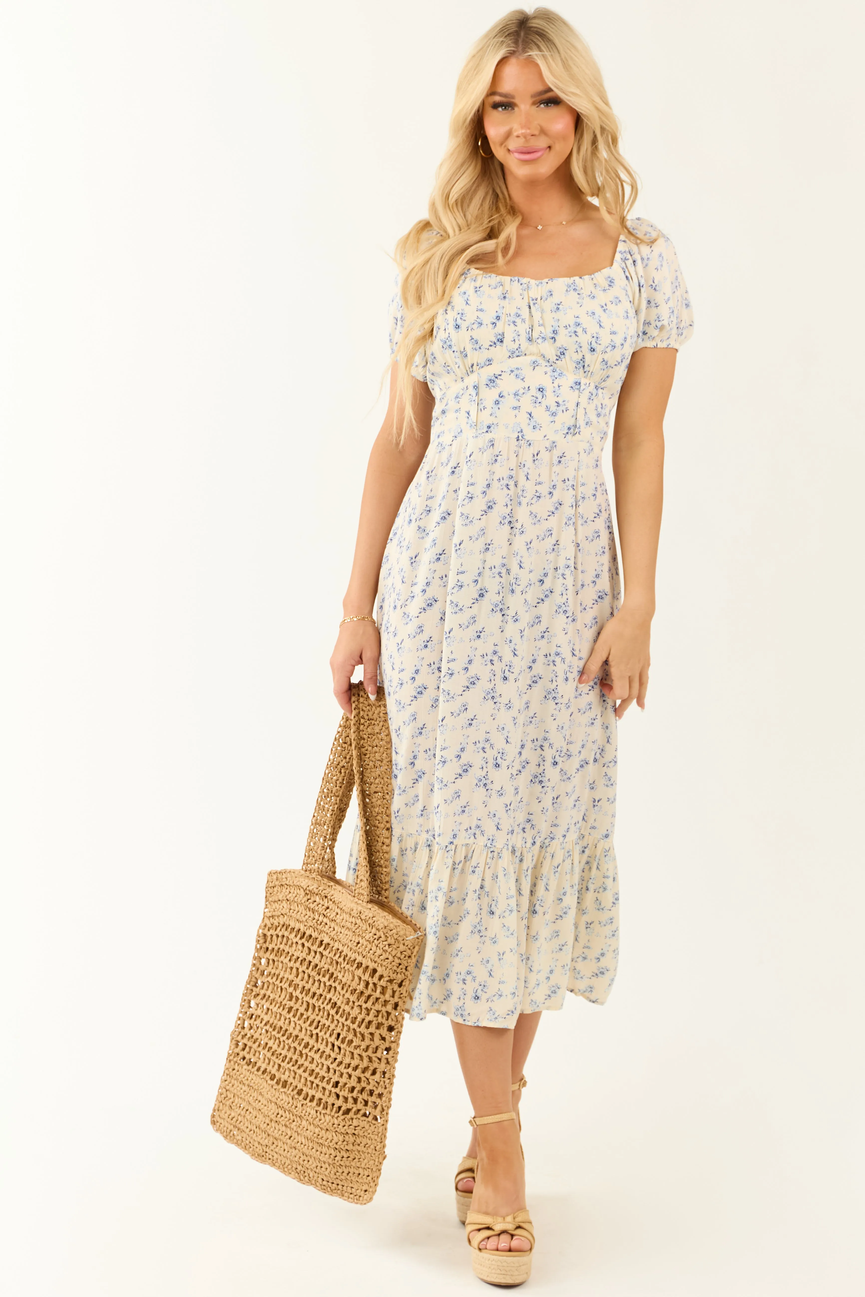 Champagne Floral Print Puff Sleeve Midi Dresses sold by Lime Lush product image thumbnail 2