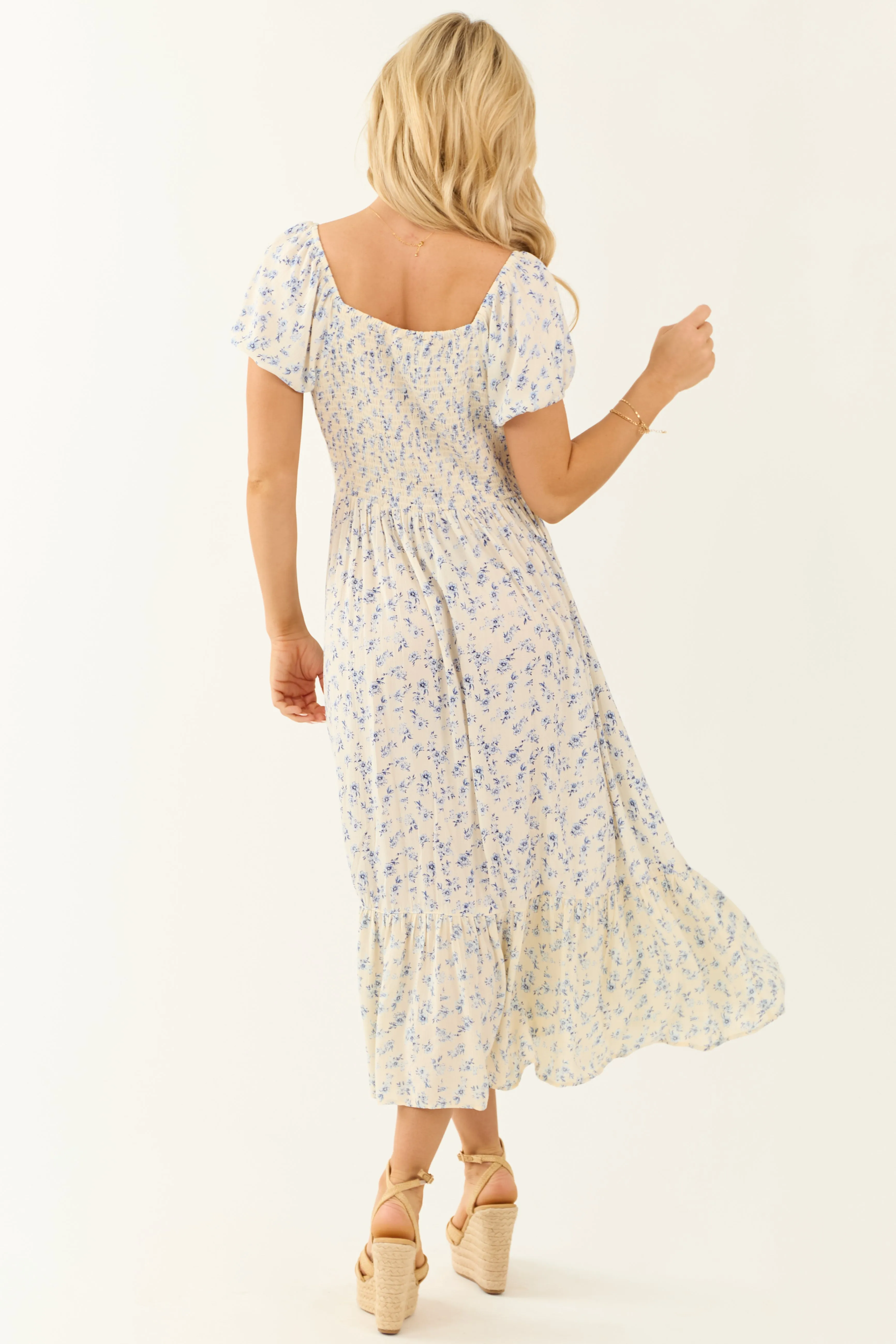 Champagne Floral Print Puff Sleeve Midi Dresses sold by Lime Lush product image thumbnail 5