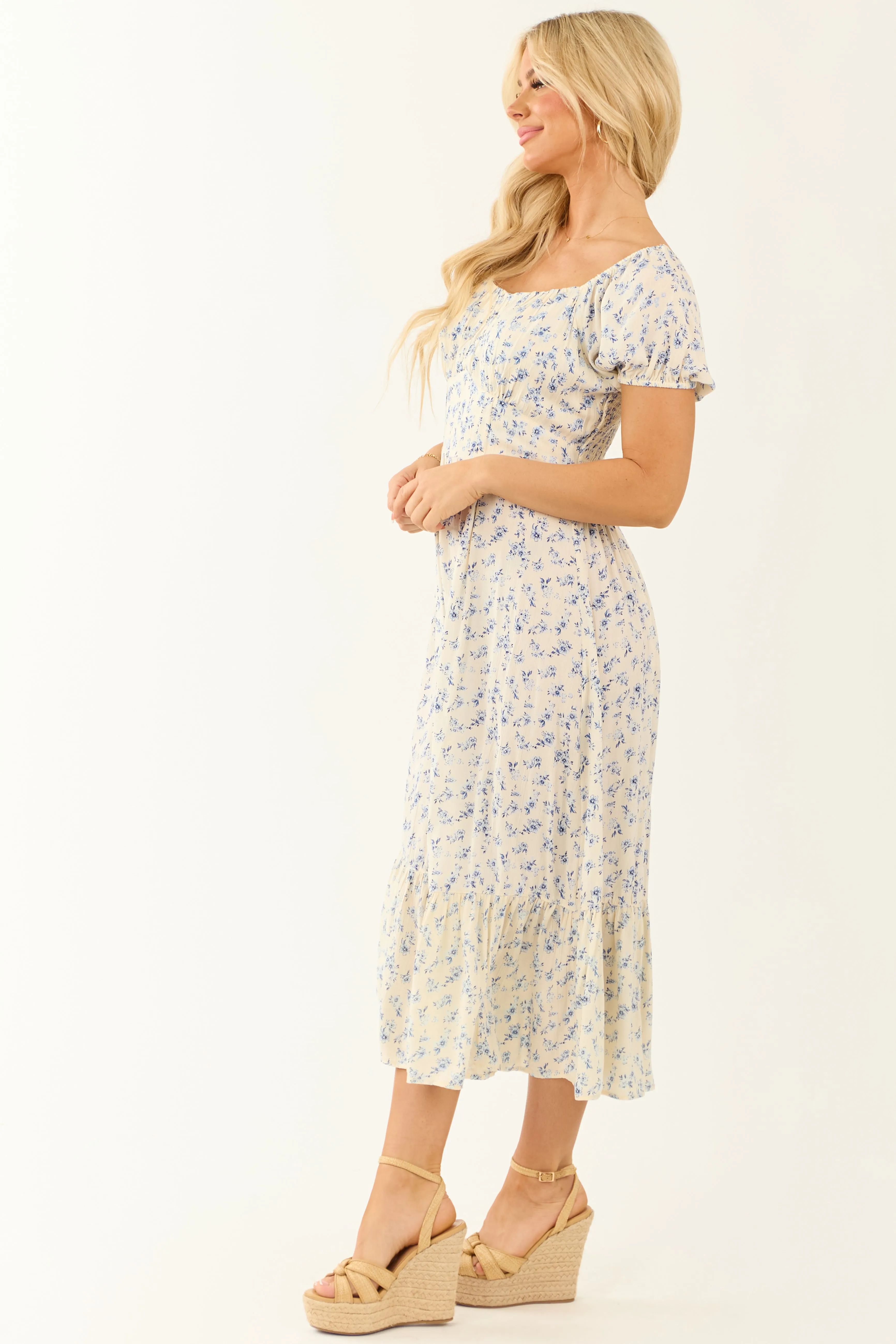 Champagne Floral Print Puff Sleeve Midi Dresses sold by Lime Lush product image thumbnail 4