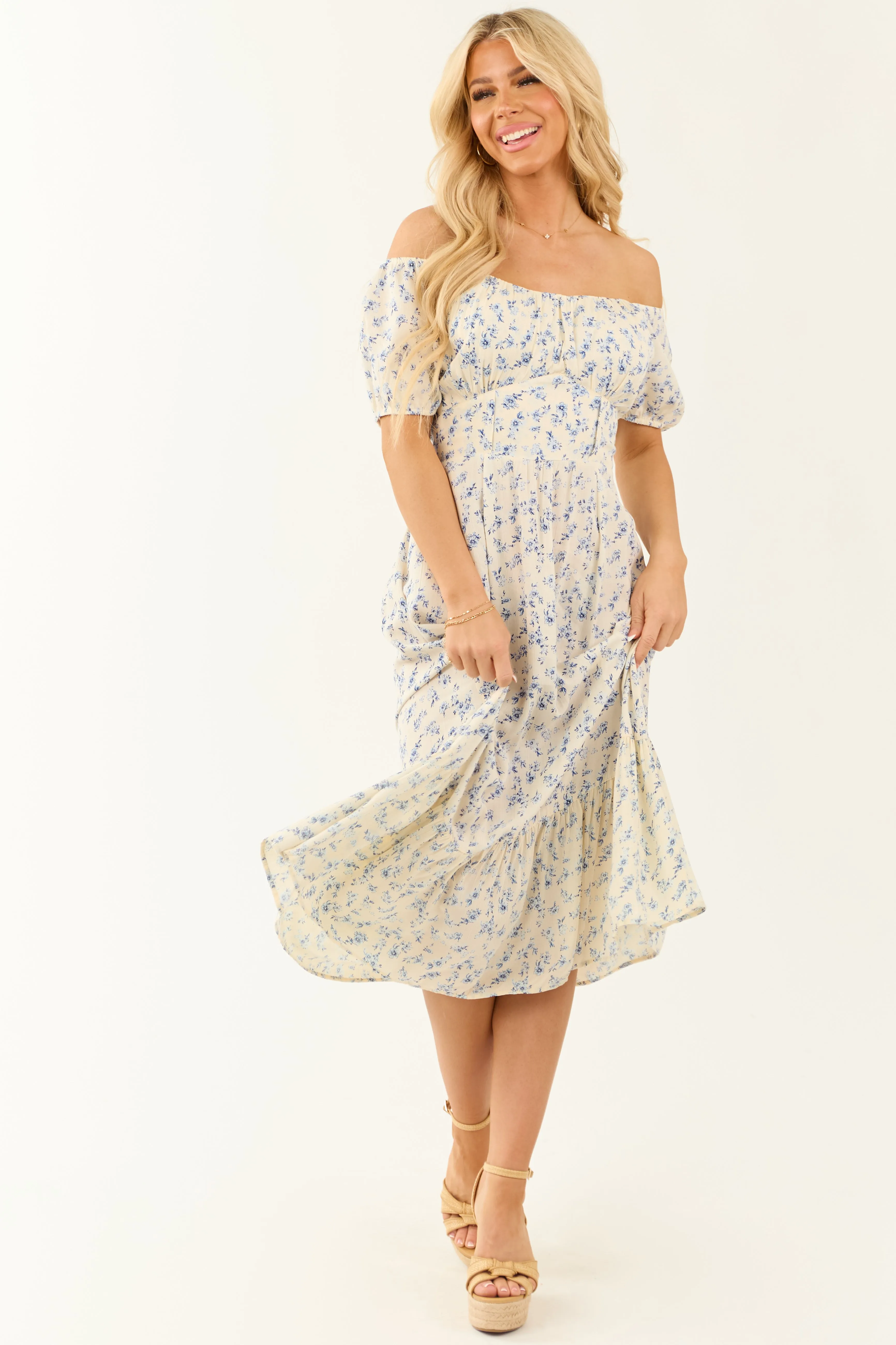 Champagne Floral Print Puff Sleeve Midi Dresses sold by Lime Lush product image thumbnail 3