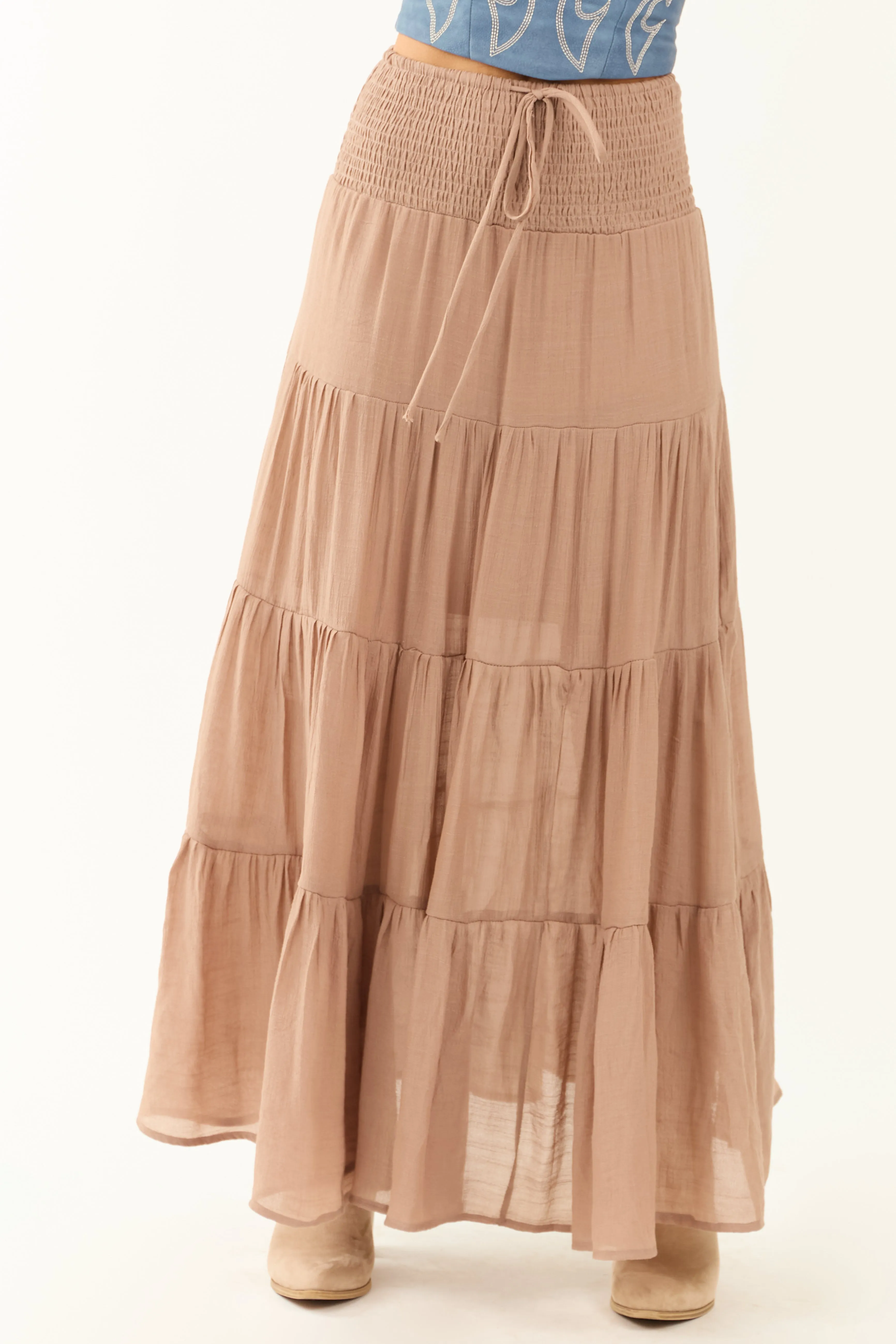 Taupe Tiered Smocked Drawstring Waist Maxi Skirt sold by Lime Lush product image thumbnail 2