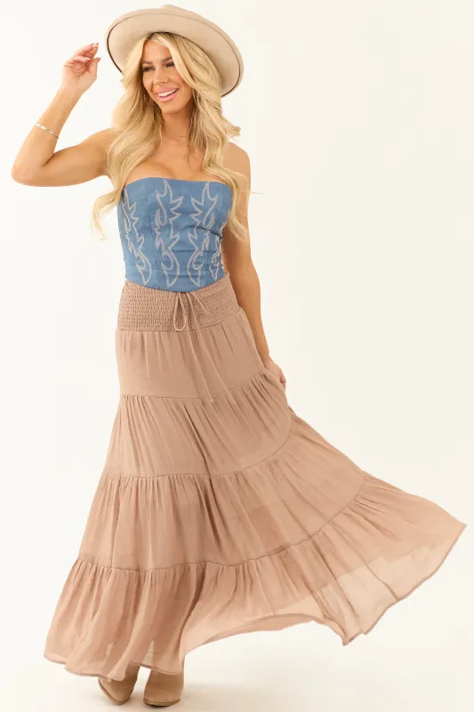 Taupe Tiered Smocked Drawstring Waist Maxi Skirt sold by Lime Lush