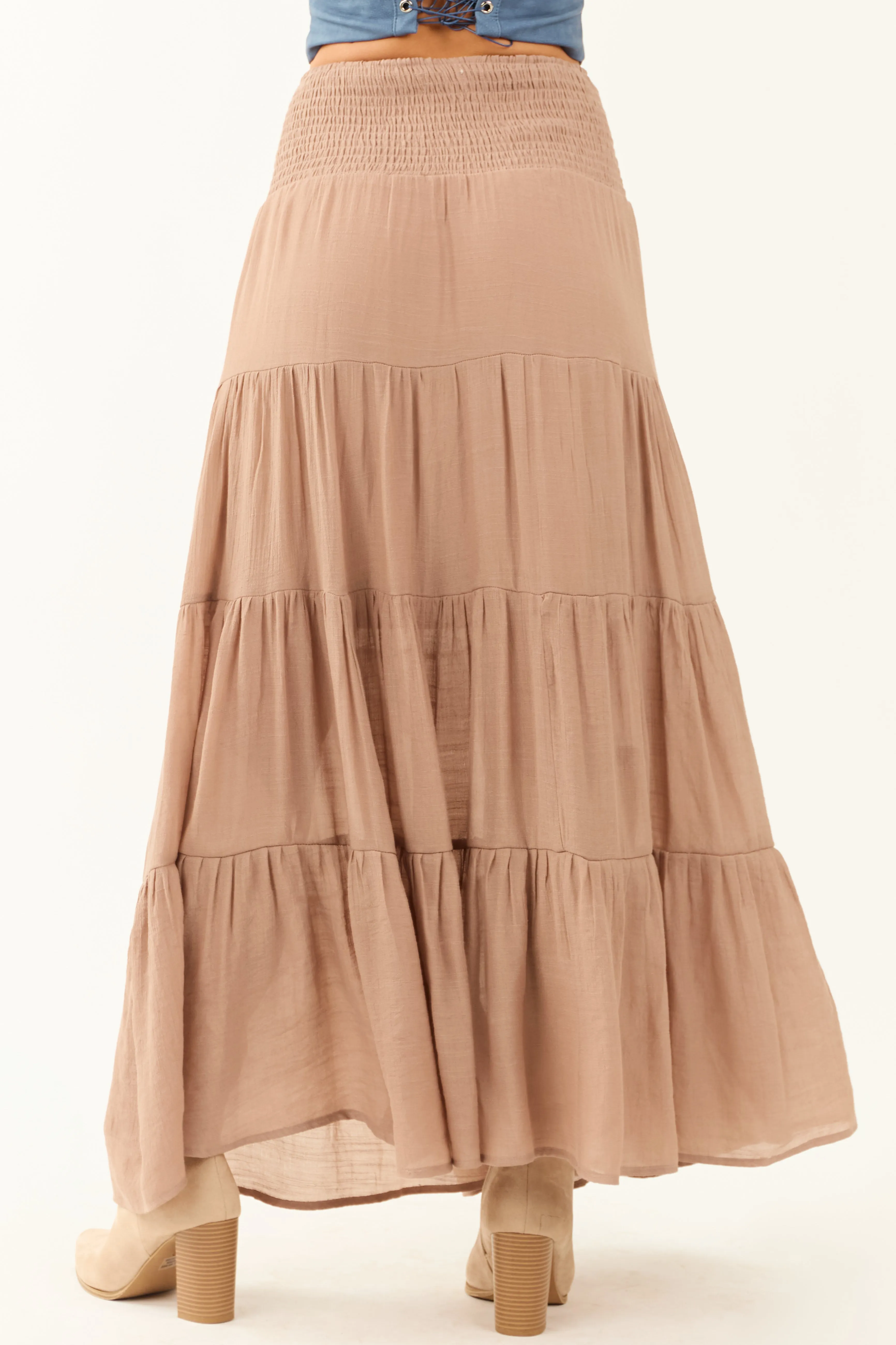 Taupe Tiered Smocked Drawstring Waist Maxi Skirt sold by Lime Lush product image thumbnail 4