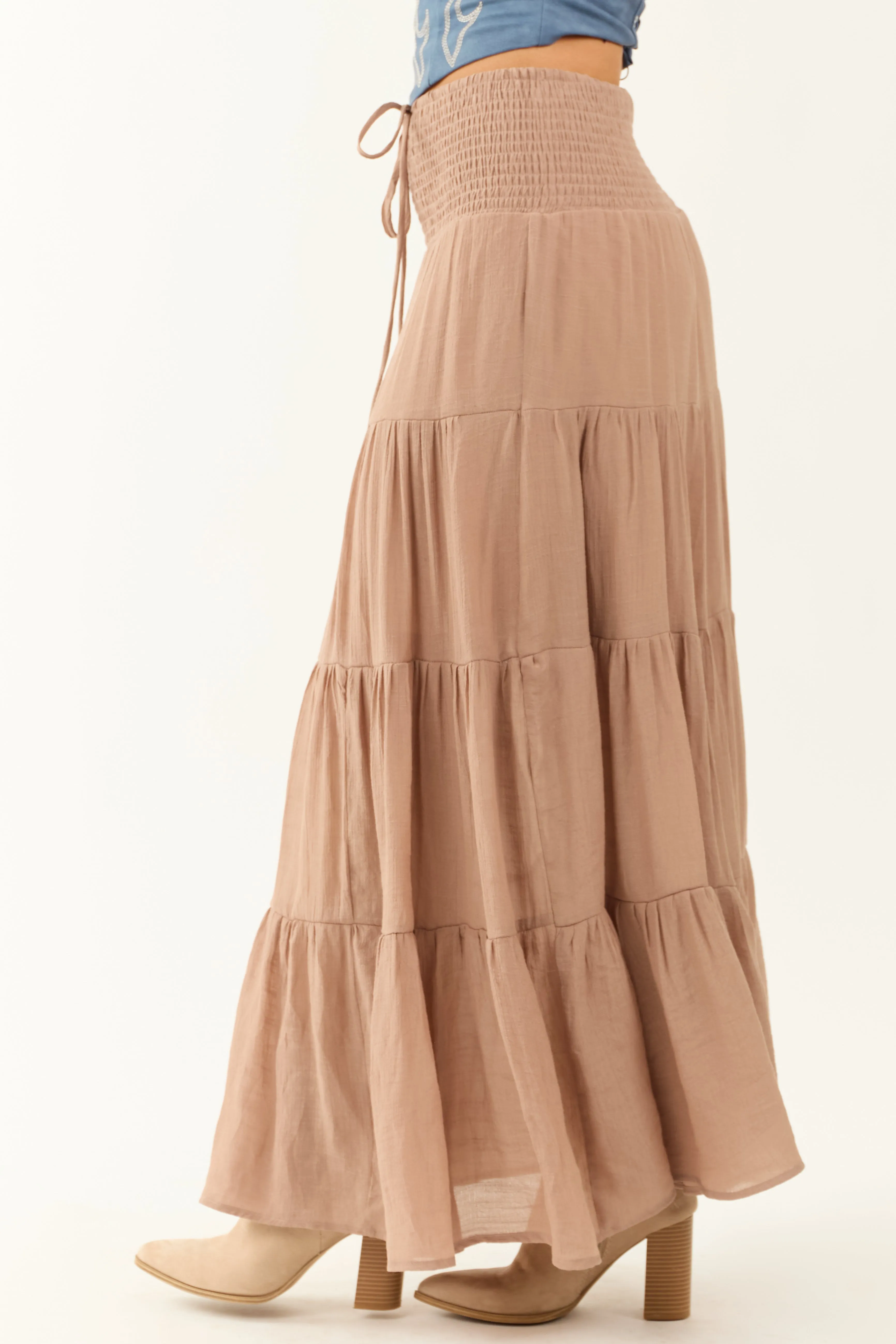 Taupe Tiered Smocked Drawstring Waist Maxi Skirt sold by Lime Lush product image thumbnail 3