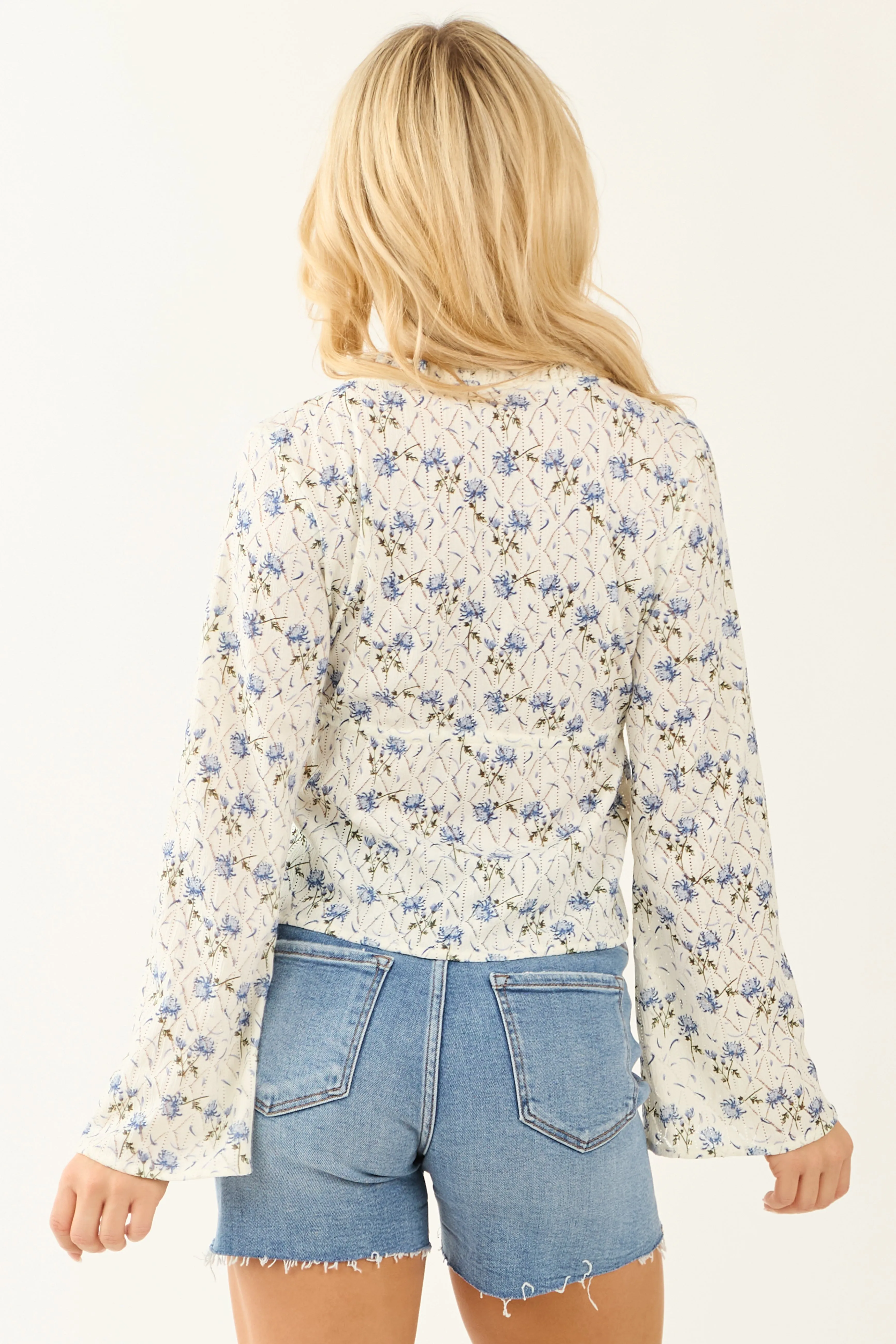 Ivory Floral Print Long Sleeve Open Tie Front Top sold by Lime Lush product image thumbnail 5