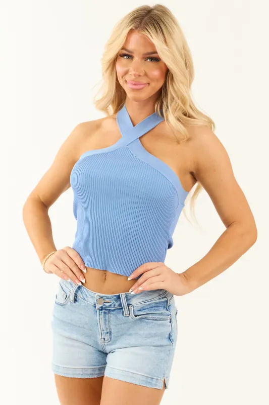 Cornflower Halter Ribbed Knit Tank Top sold by Lime Lush