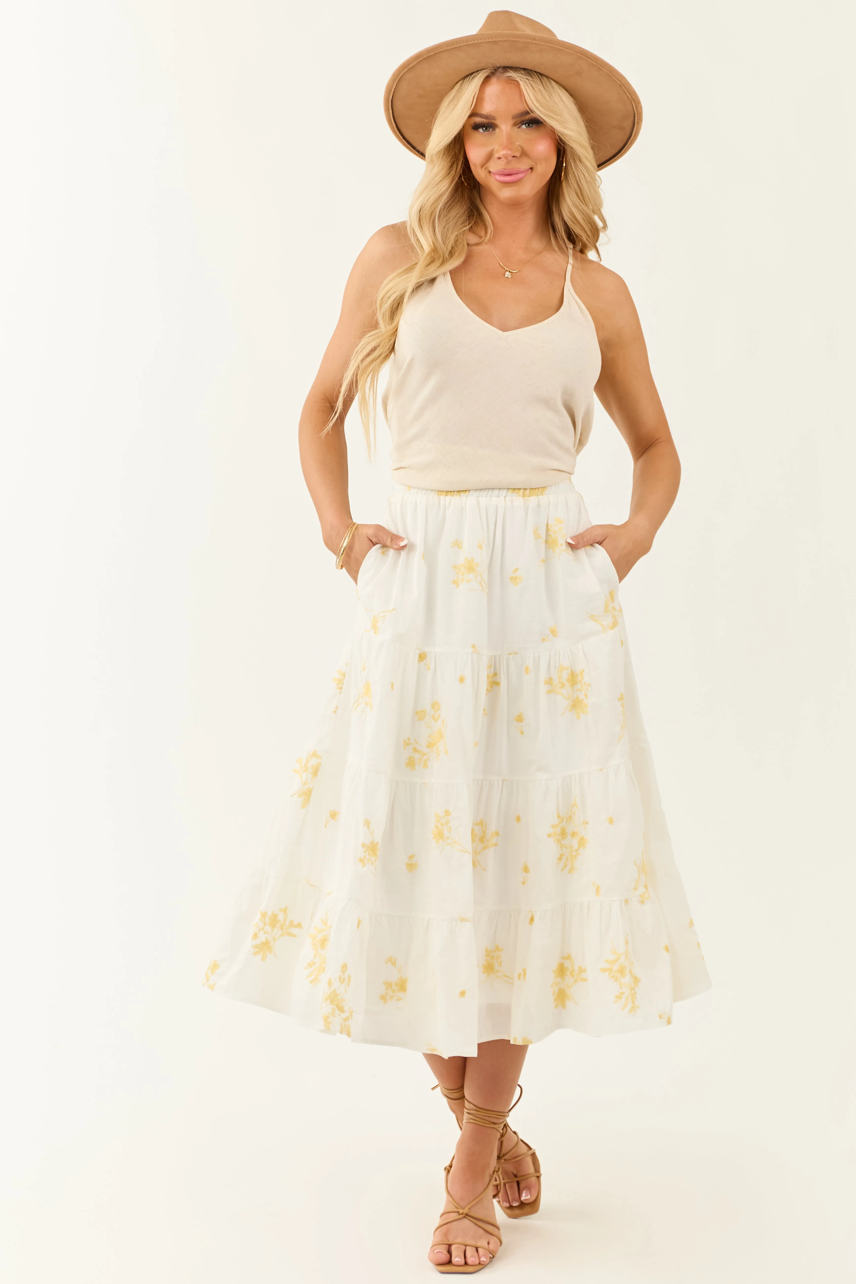 Off White Floral Embroidered Tiered Midi Skirt sold by Lime Lush product image thumbnail 5