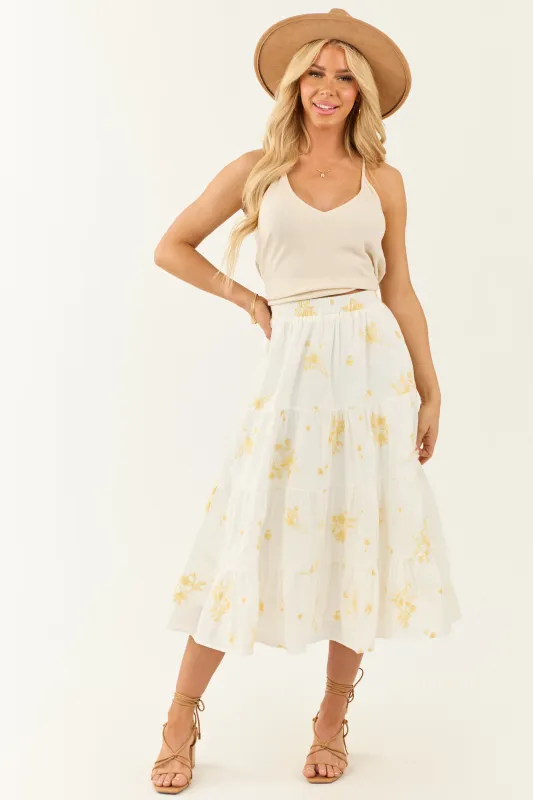 Off White Floral Embroidered Tiered Midi Skirt sold by Lime Lush