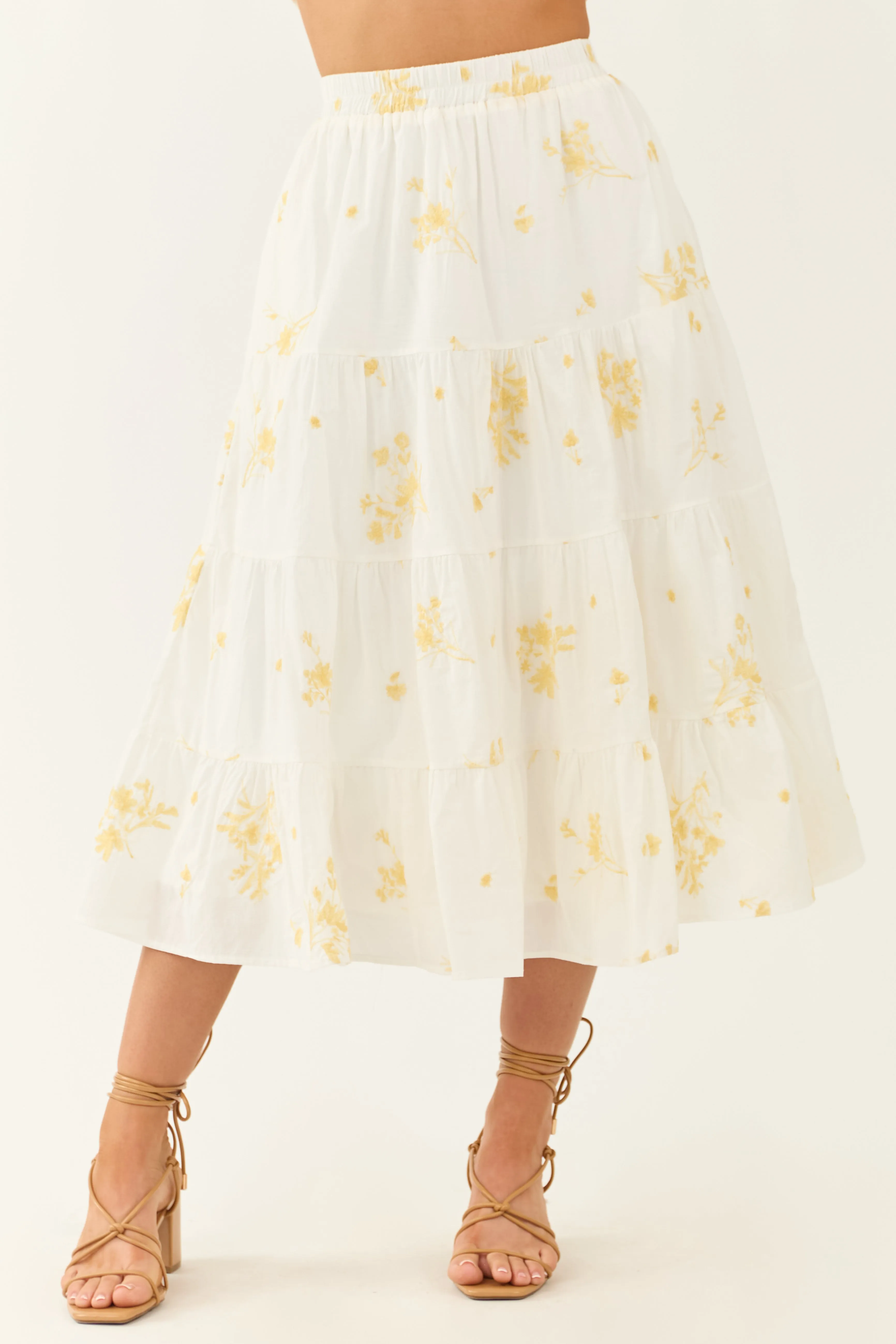 Off White Floral Embroidered Tiered Midi Skirt sold by Lime Lush product image thumbnail 2