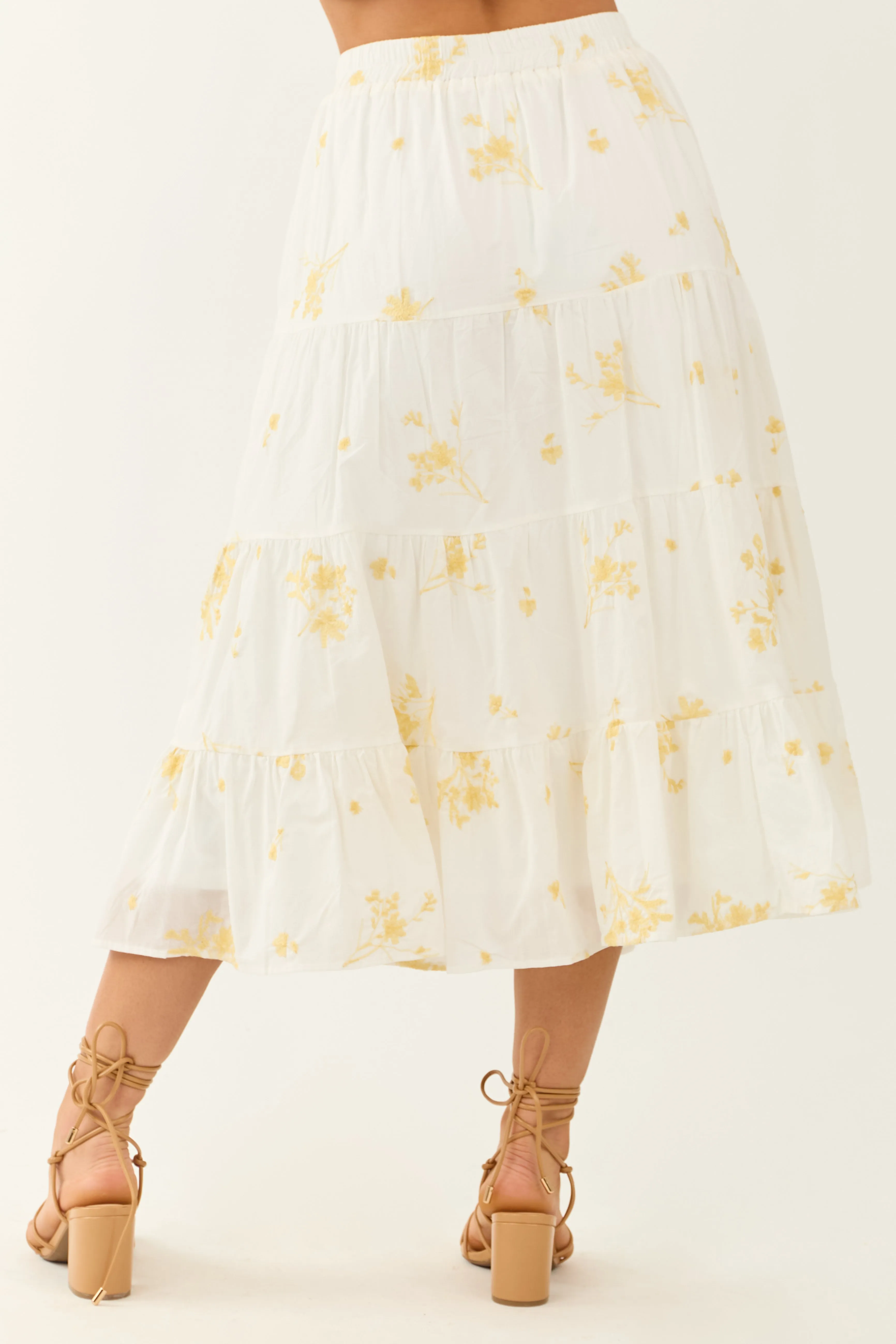 Off White Floral Embroidered Tiered Midi Skirt sold by Lime Lush product image thumbnail 4