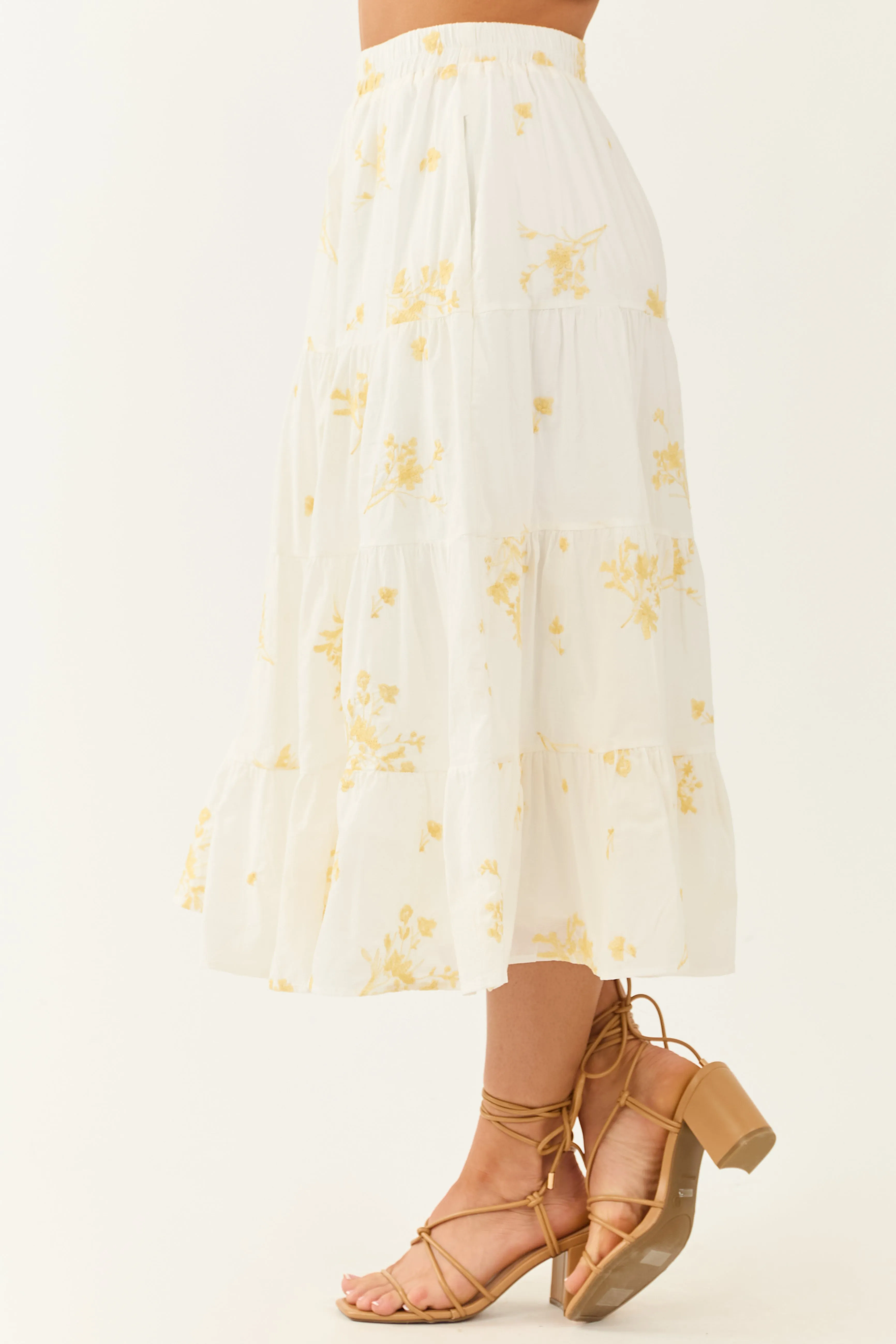Off White Floral Embroidered Tiered Midi Skirt sold by Lime Lush product image thumbnail 3
