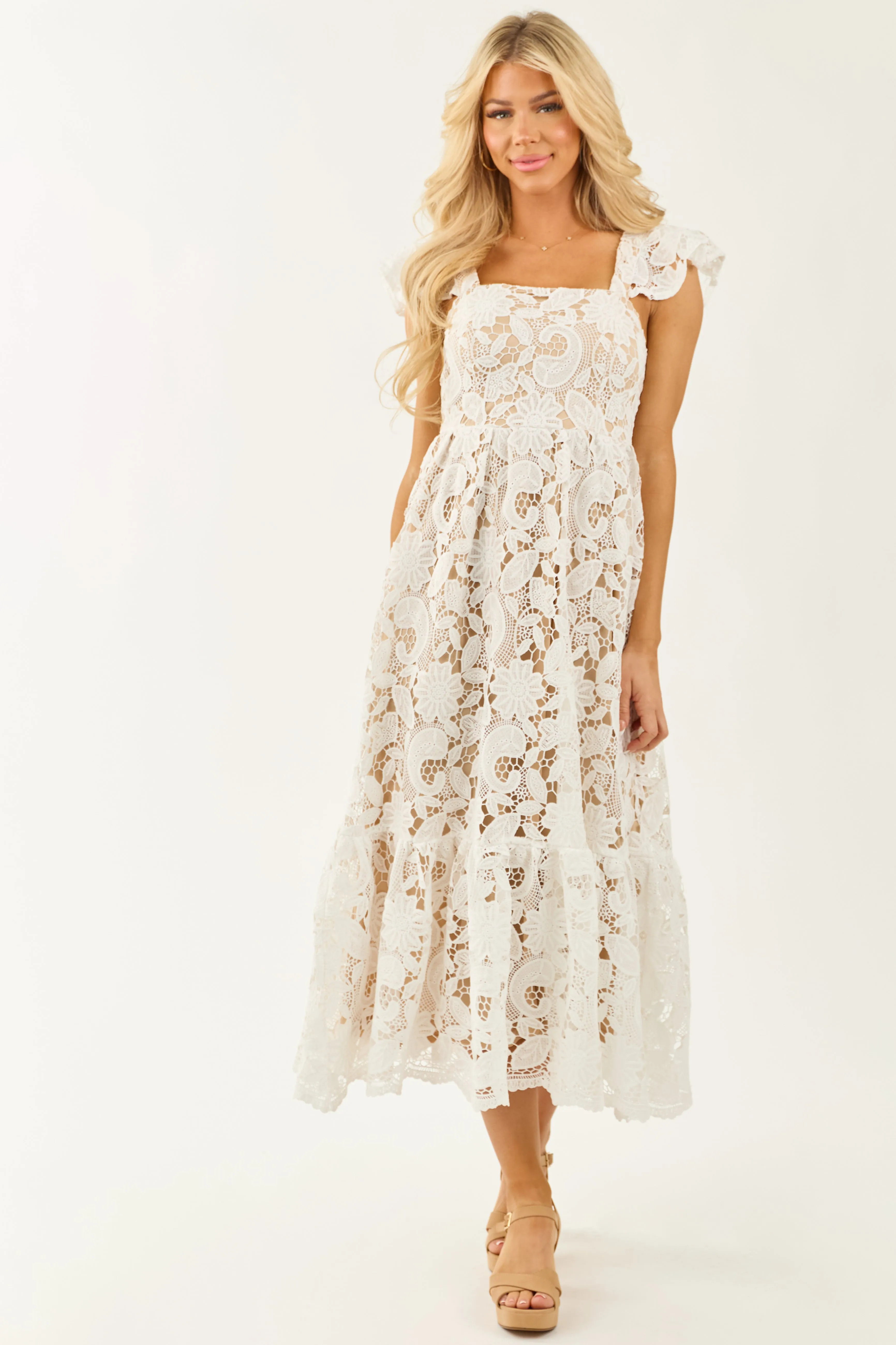 Flying Tomato Off White Floral Crochet Lace Midi Dress sold by Lime Lush product image thumbnail 2