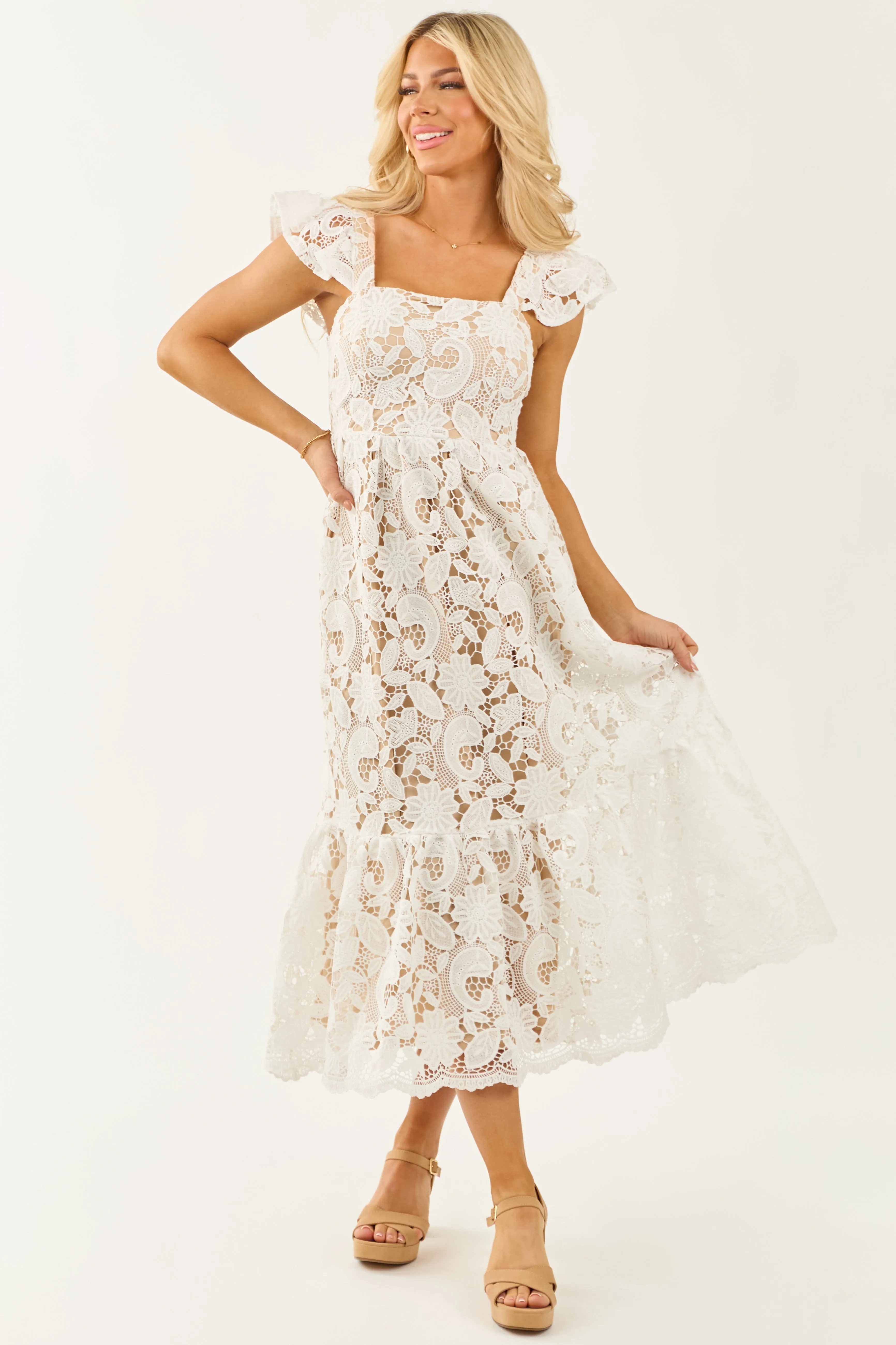 Flying Tomato Off White Floral Crochet Lace Midi Dress sold by Lime Lush product image thumbnail 4