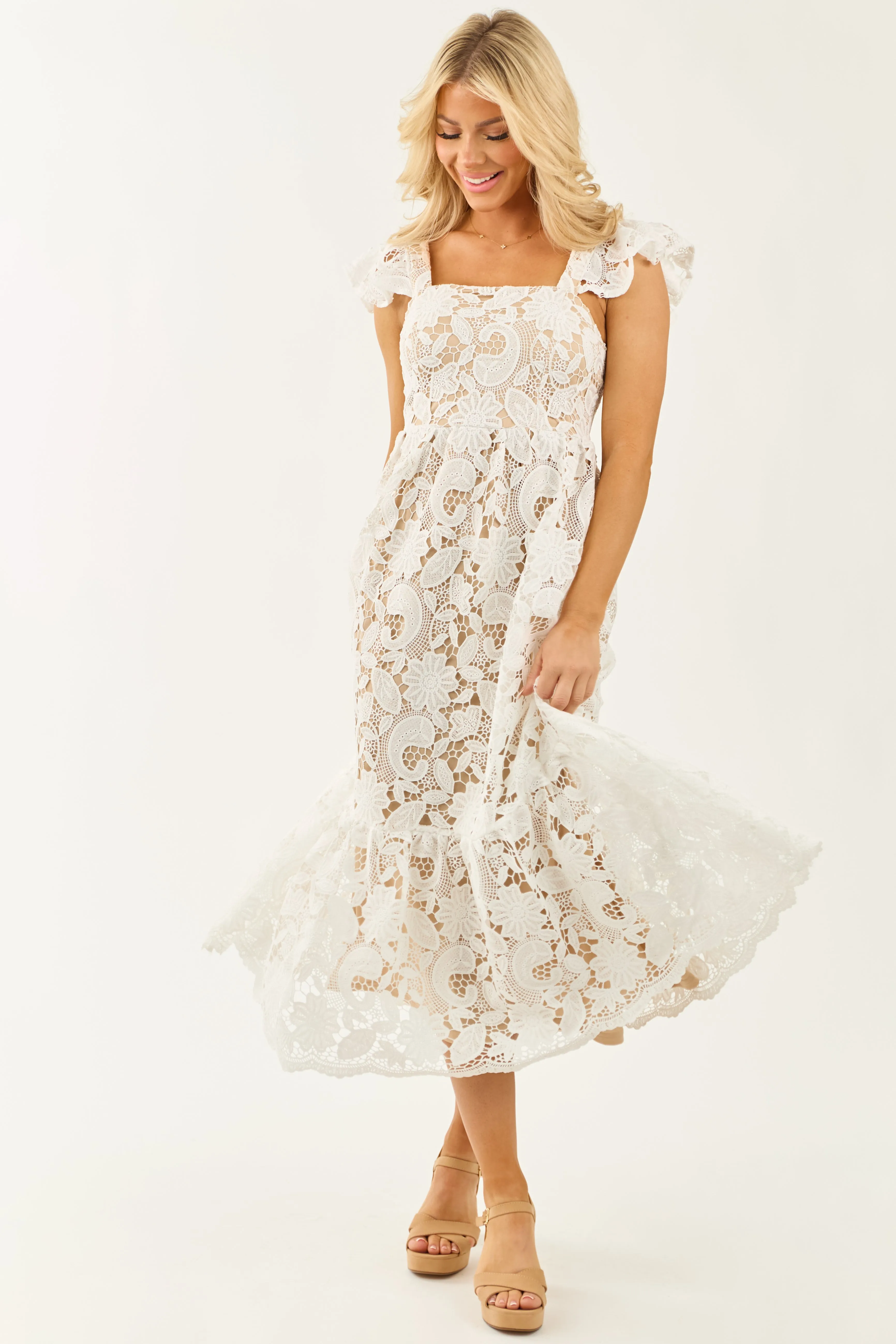 Flying Tomato Off White Floral Crochet Lace Midi Dress sold by Lime Lush product image thumbnail 3