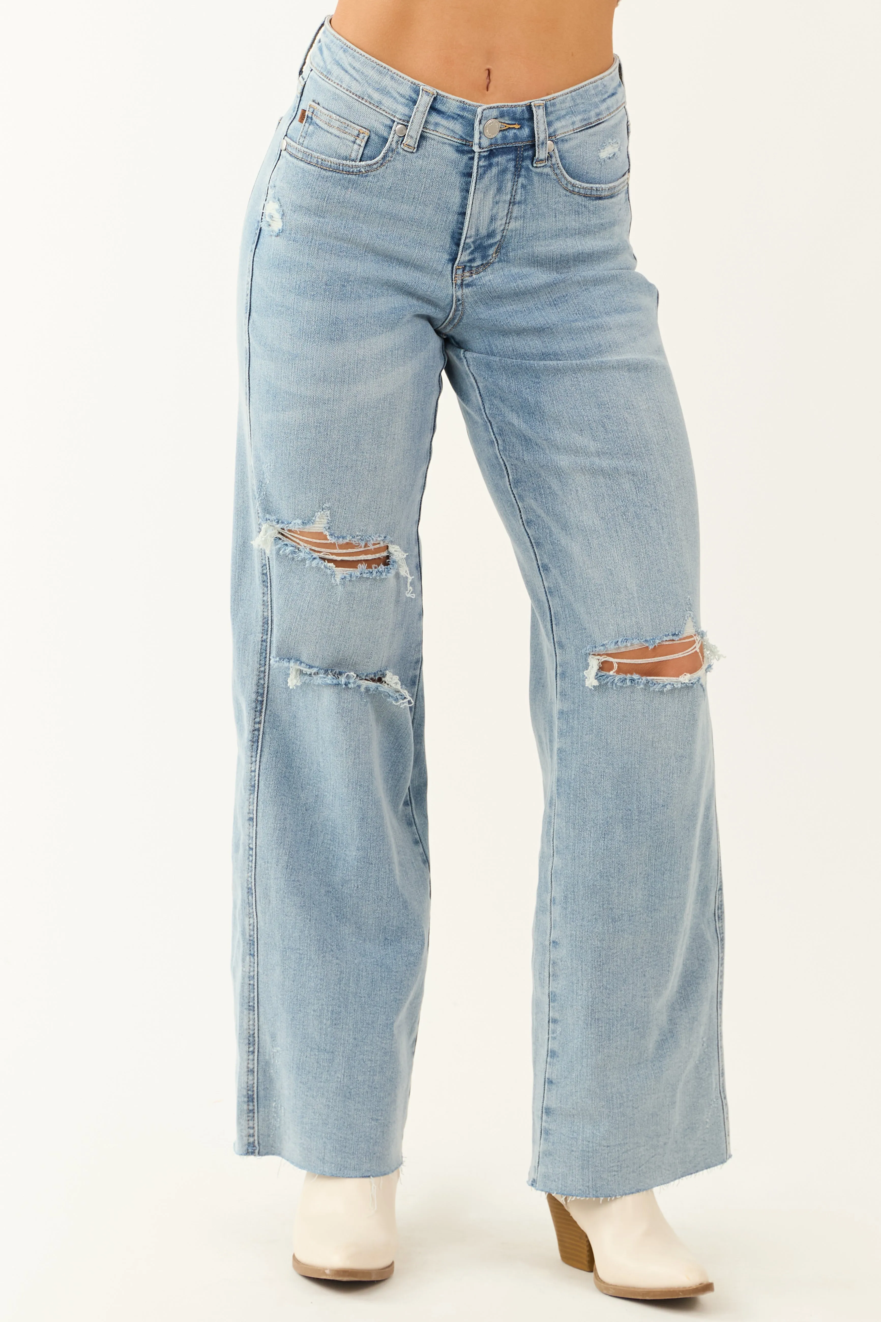 Judy Blue Tummy Control Distressed Stretchy Wide Jeans sold by Lime Lush