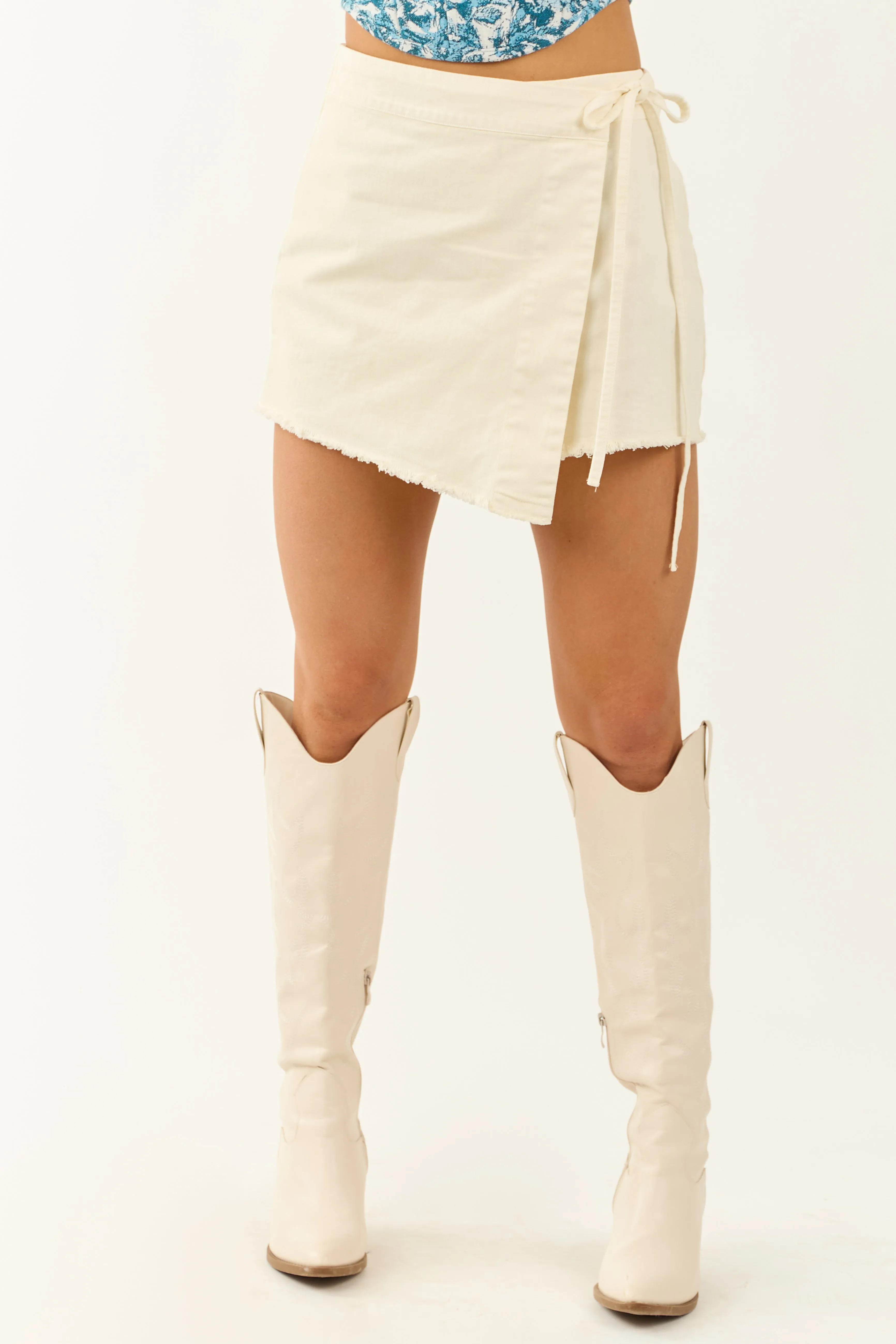 Cream Denim Side Tie Overlay Frayed Hem Skort sold by Lime Lush product image thumbnail 2