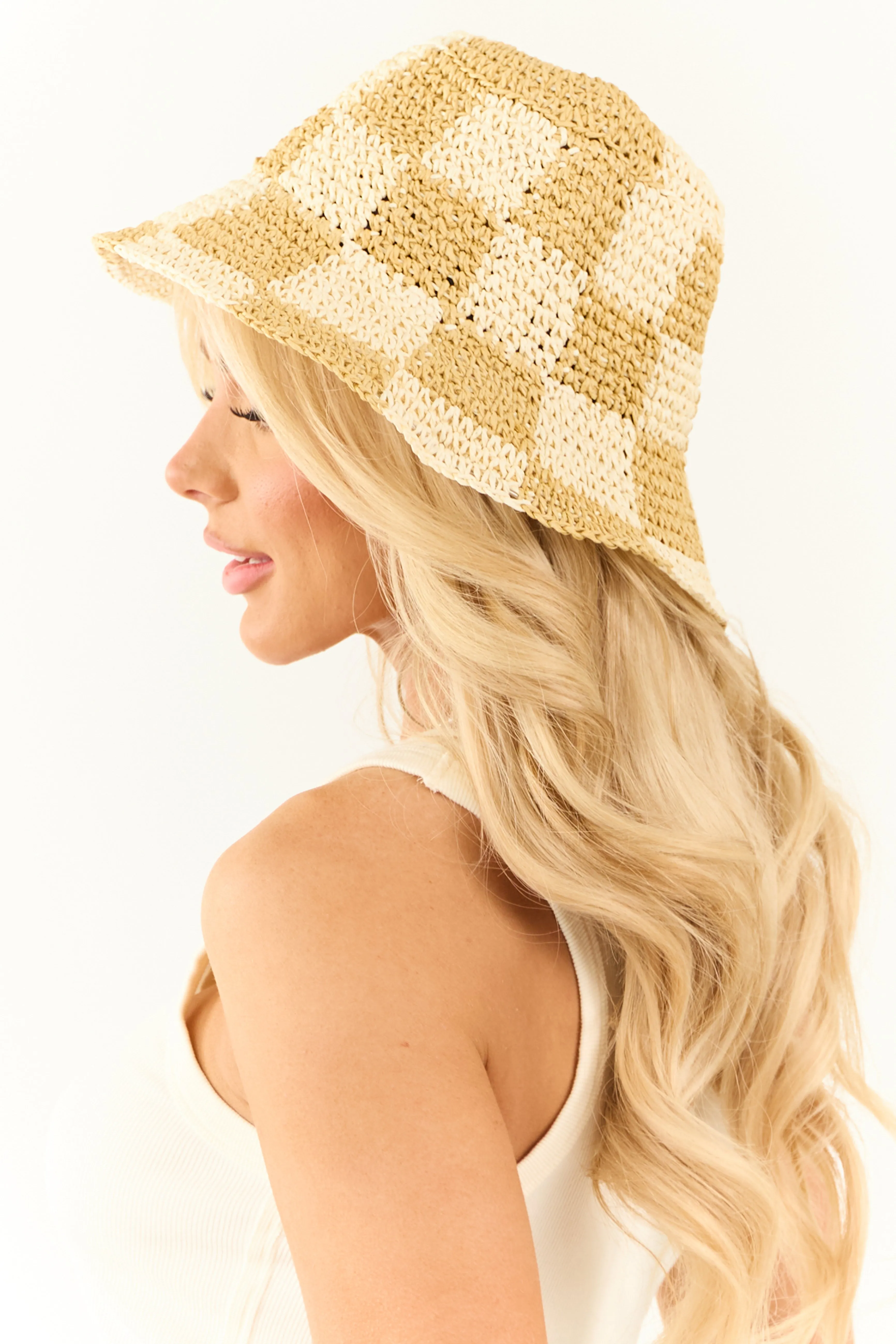 Cream and Sand Checkered Straw Bucket Hat sold by Lime Lush product image thumbnail 3