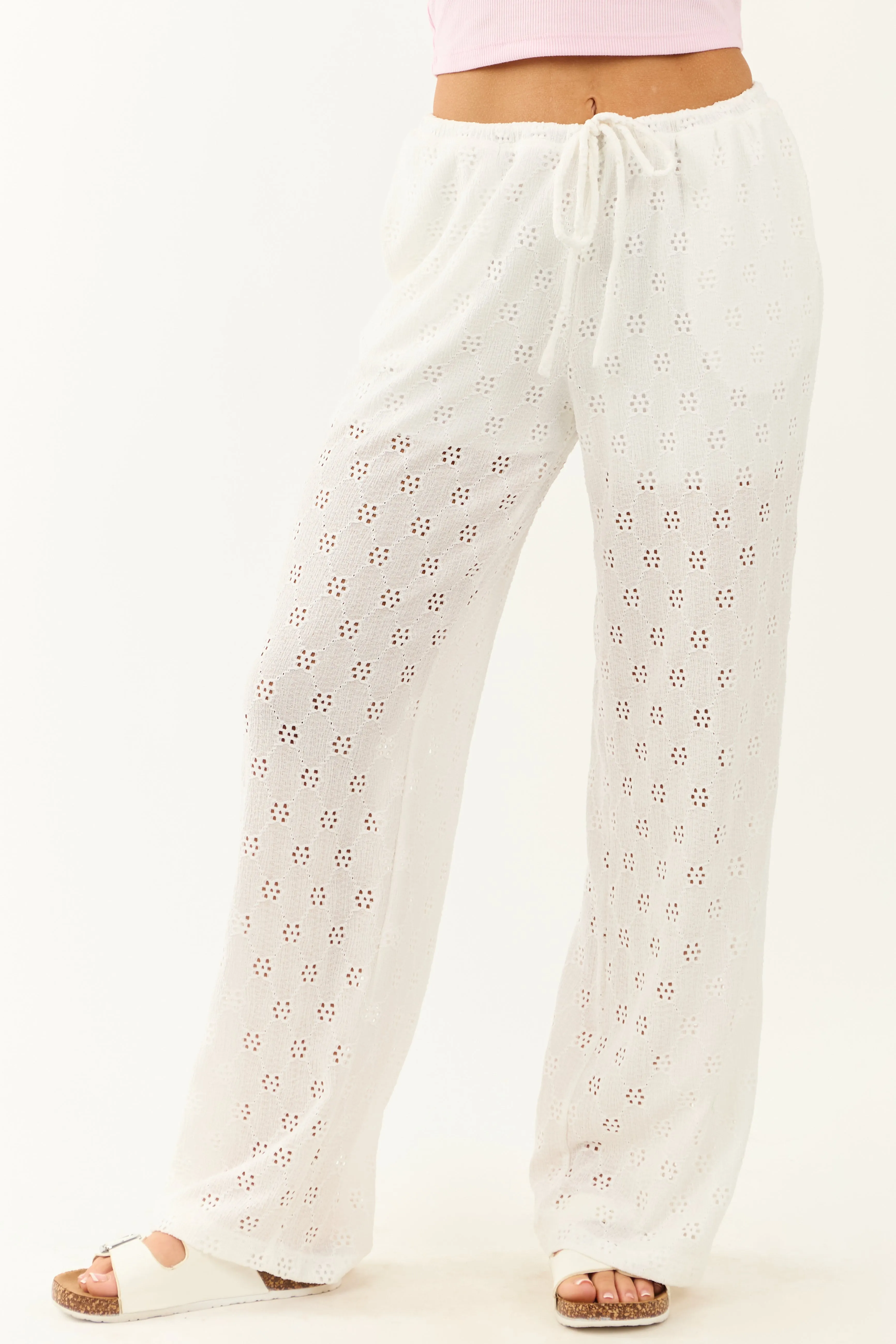 Ivory Eyelet Lace Drawstring High Rise Knit Pants sold by Lime Lush product image thumbnail 2