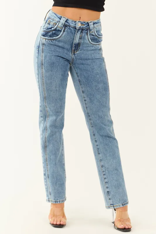 Saige Medium Wash Straight Leg High Waist Jeans sold by Lime Lush