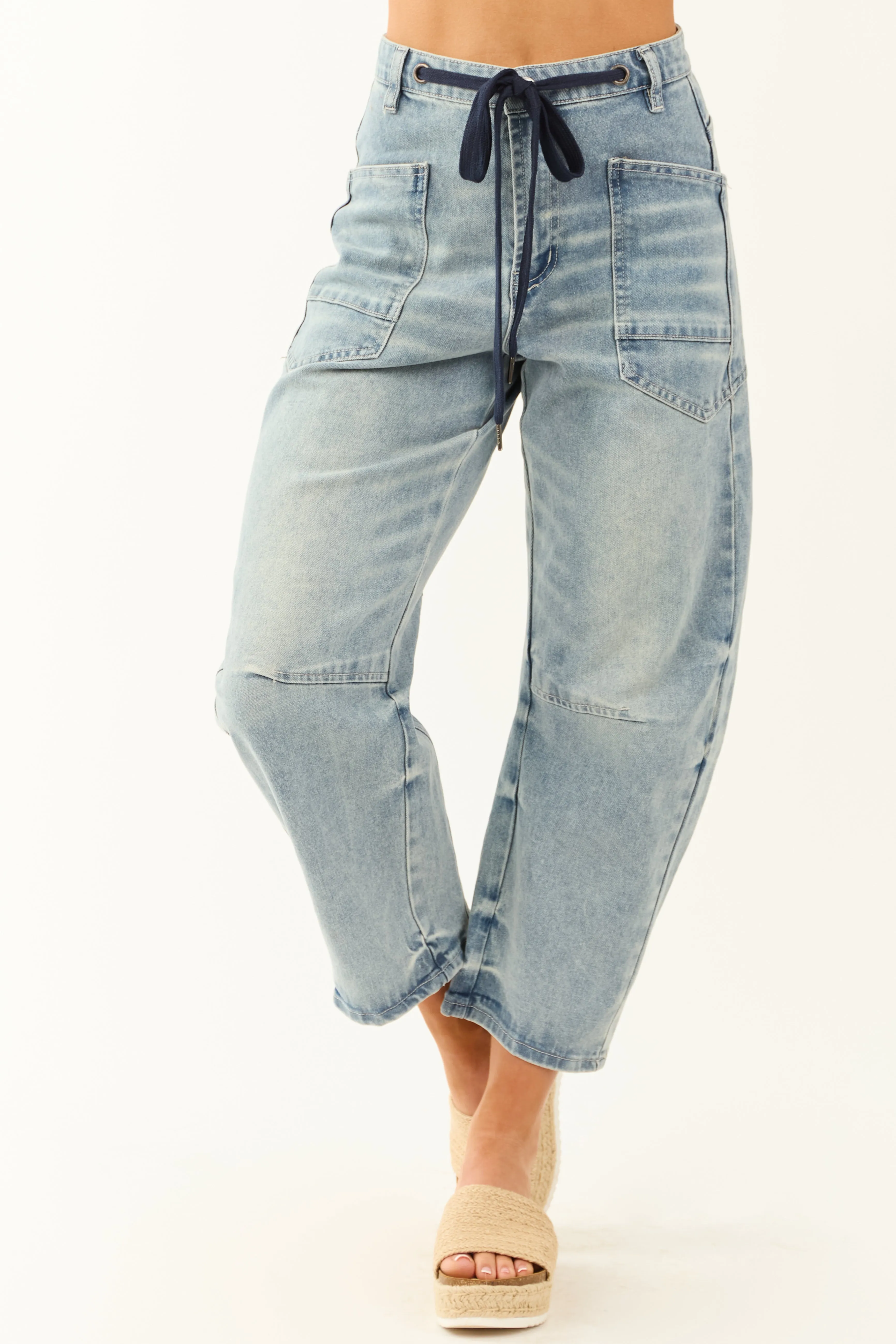 Medium Wash Drawstring Waist Soft Barrel Jeans sold by Lime Lush